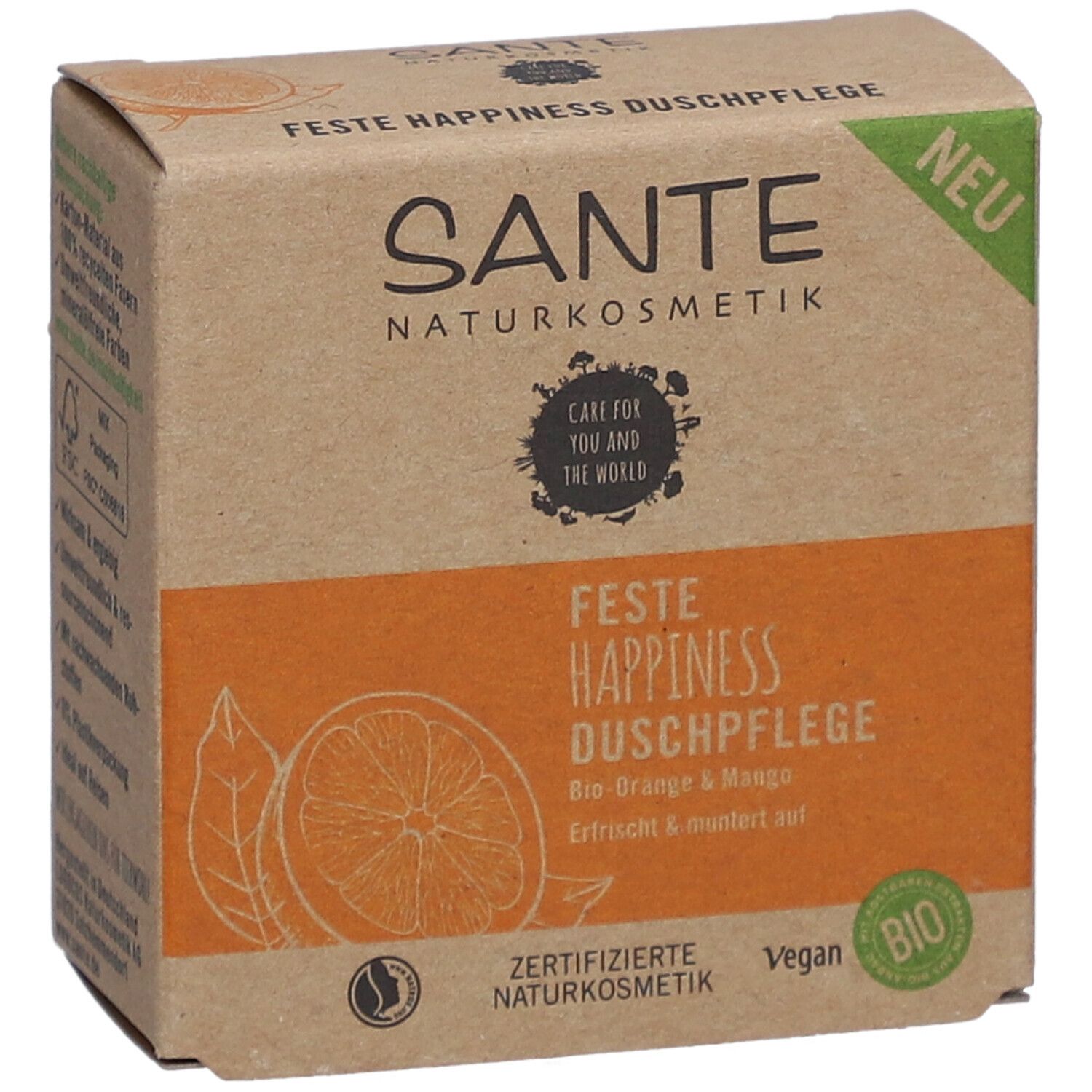 Kartonnen verpakking met productinformatie. Oranje vlak met productnaam en Bio-Orange & Mango. Vegan- en Bio-keurmerk.