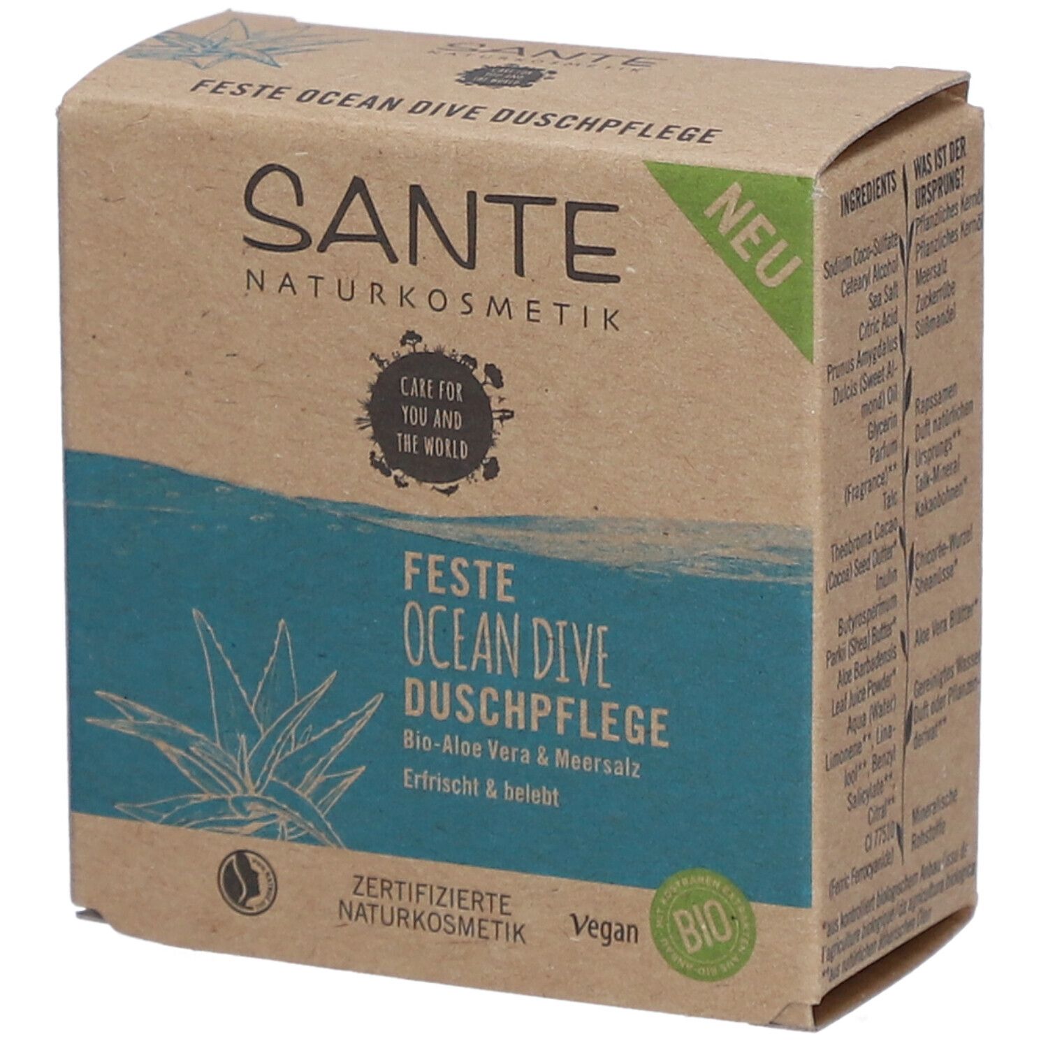 Emballage en carton avec informations produit. Inscription: SANTE, Feste Ocean Dive Dusche, Bio-Aloe Vera & Meersalz. Label Bio vert.