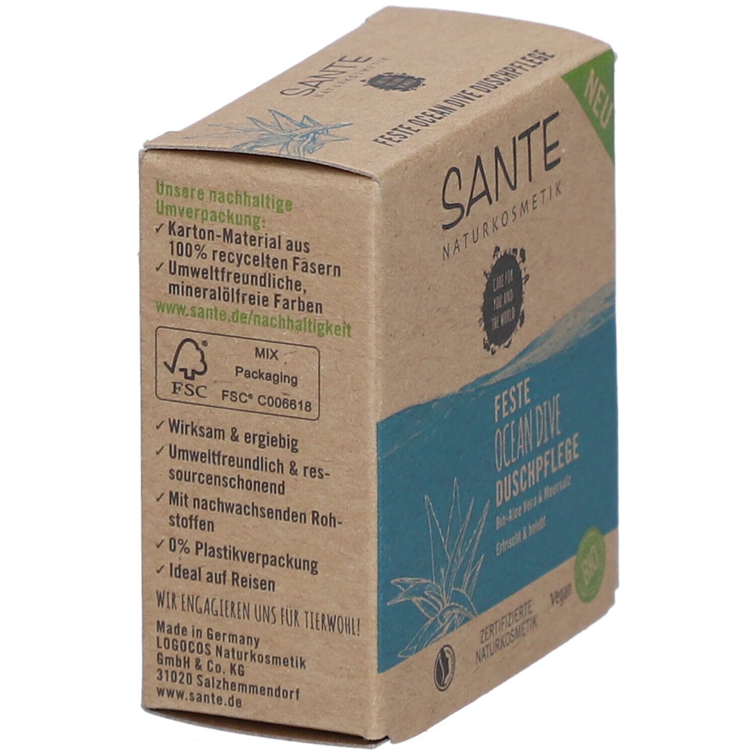 Emballage en carton avec texte: Emballage durable, 100% fibres recyclées, respectueux de l'environnement. Label FSC. Texte: Idéal pour voyager, 0% plastique.