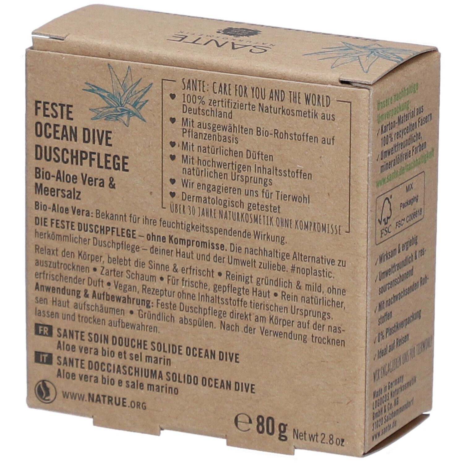 Emballage en carton avec texte: Feste Ocean Dive Dusche, Bio-Aloe Vera & Meersalz. Texte en allemand, français et italien. Poids: 80g.
