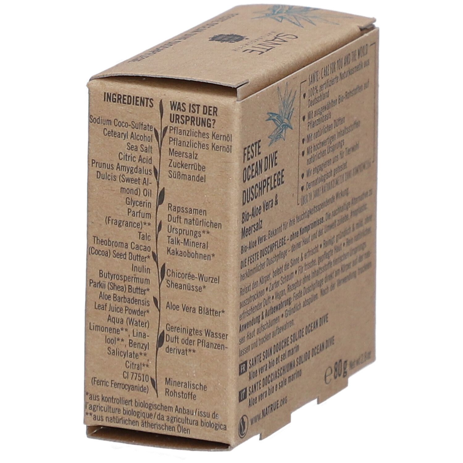 Emballage en carton avec liste d'ingrédients. Texte: Quelle est l'origine? Ingrédients listés. Texte: SANTE, Feste Ocean Dive Dusche, 80g.