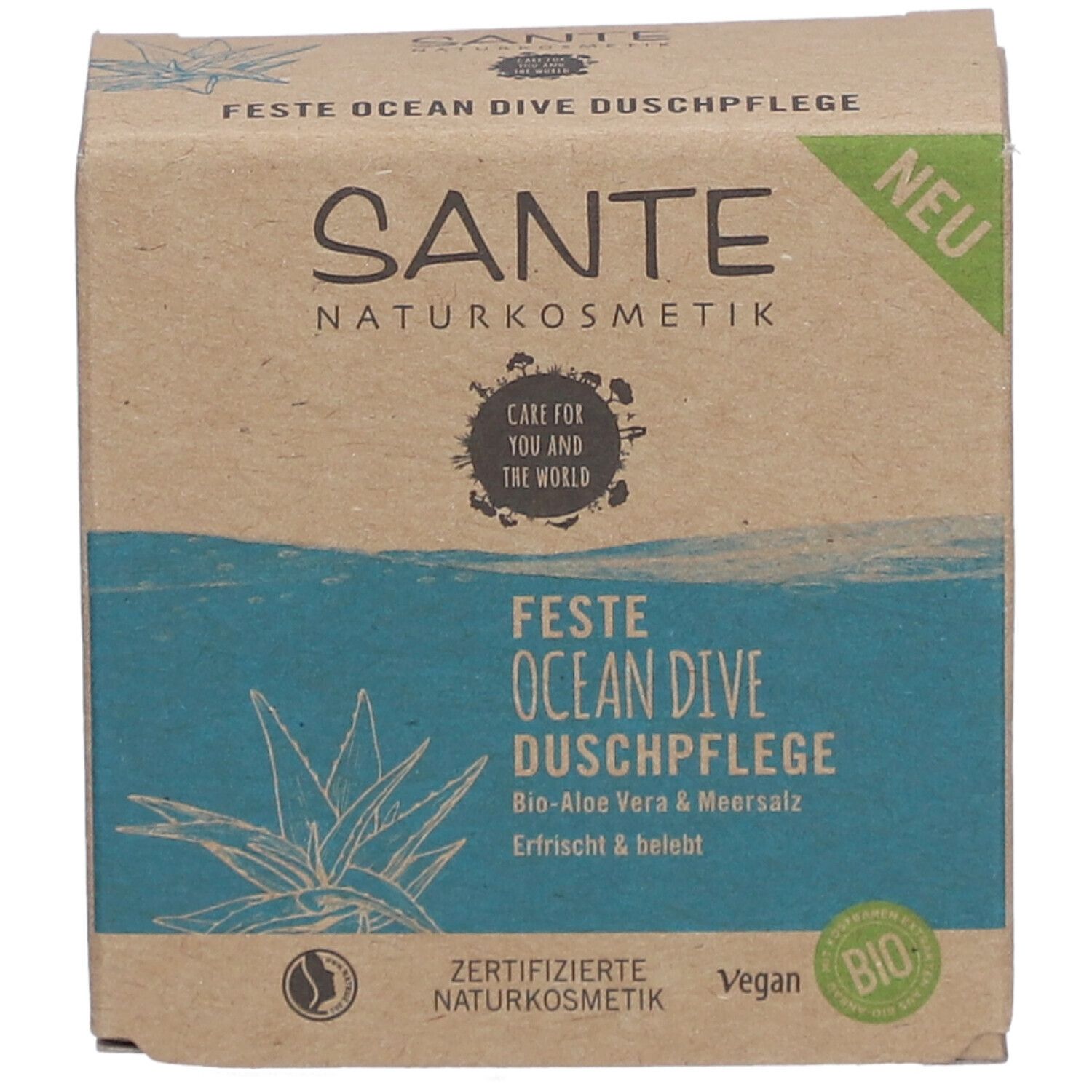 Emballage en carton avec informations produit. Inscription: SANTE, Feste Ocean Dive Dusche, Bio-Aloe Vera & Meersalz. Label Bio vert. Label Nouveau.