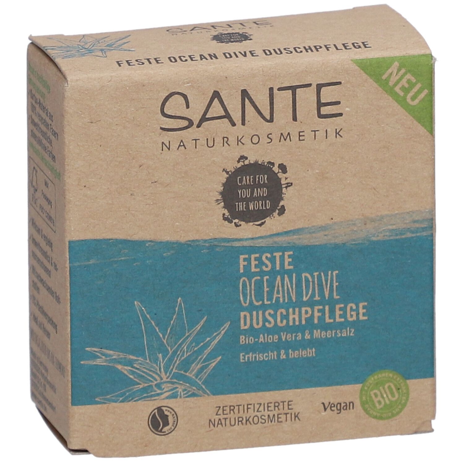 Emballage en carton avec informations produit. Inscription: SANTE, Feste Ocean Dive Dusche, Bio-Aloe Vera & Meersalz. Label Bio vert. Label Nouveau.