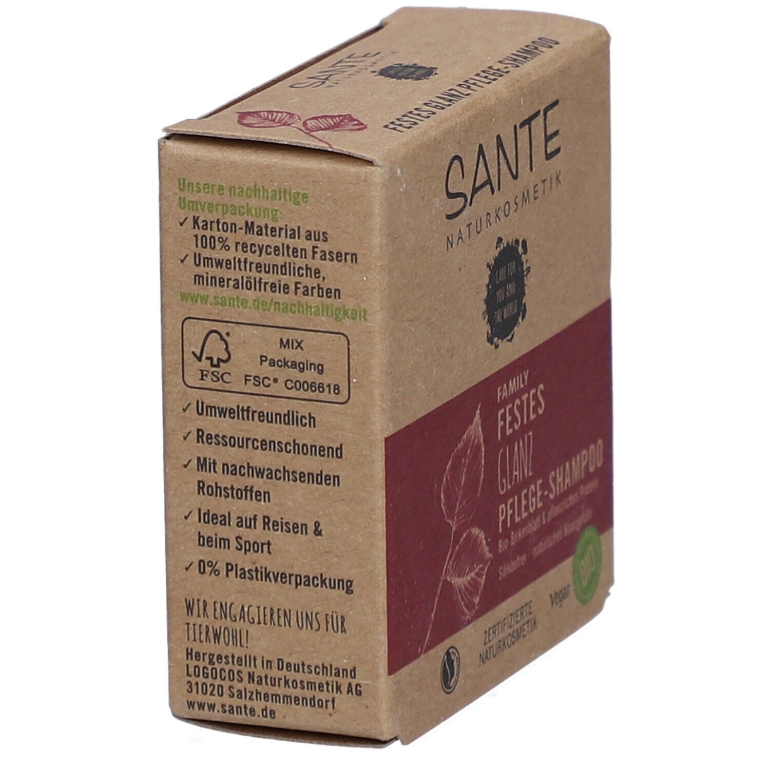Emballage en carton en biais. Logo SANTE, nom du produit, label FSC, texte sur l'emballage durable et les ingrédients.