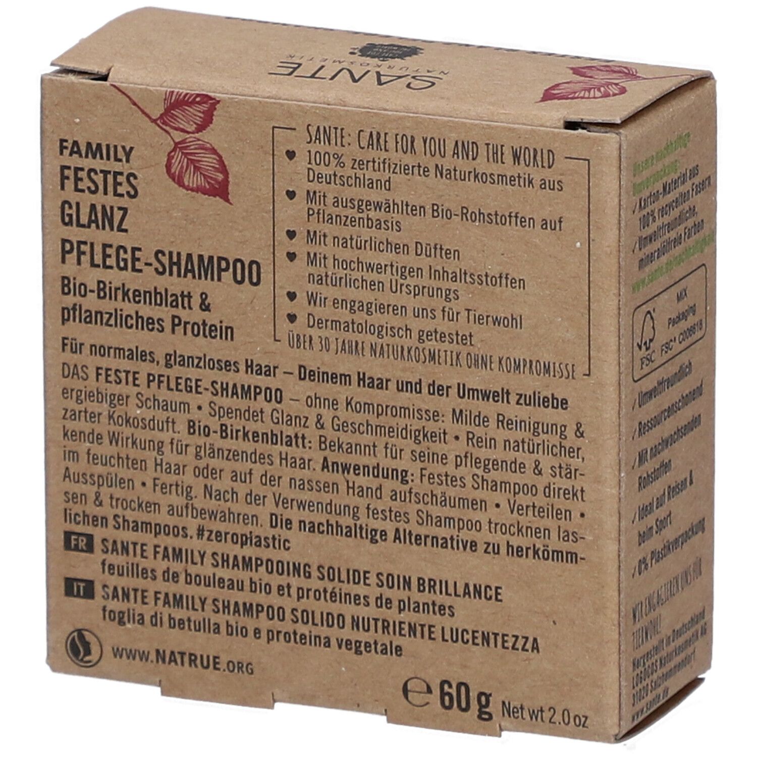 Emballage en carton avec informations produit. Logo SANTE, nom du produit, texte en allemand, français et italien, poids 60g.