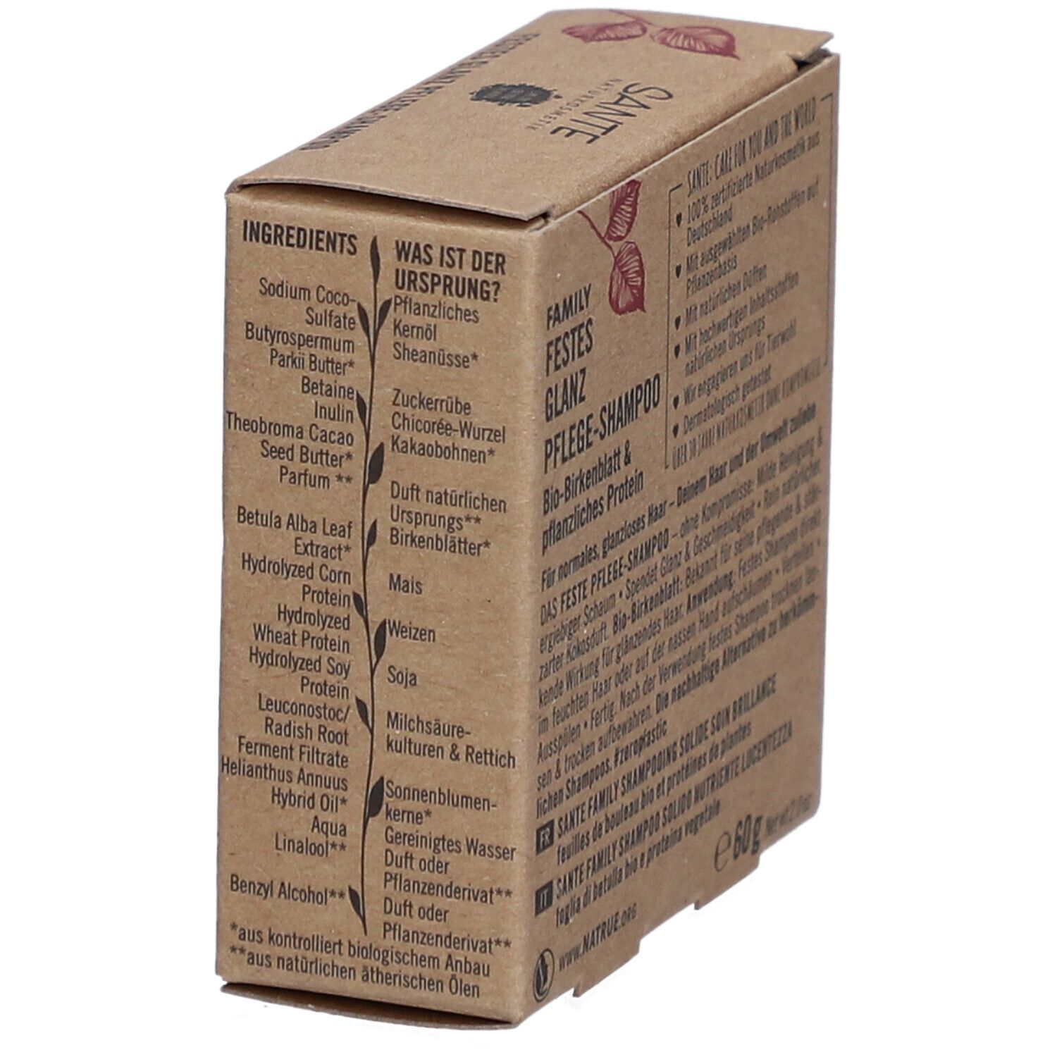 Emballage en carton avec liste des ingrédients. Logo SANTE, nom du produit, liste des ingrédients et informations d'origine.