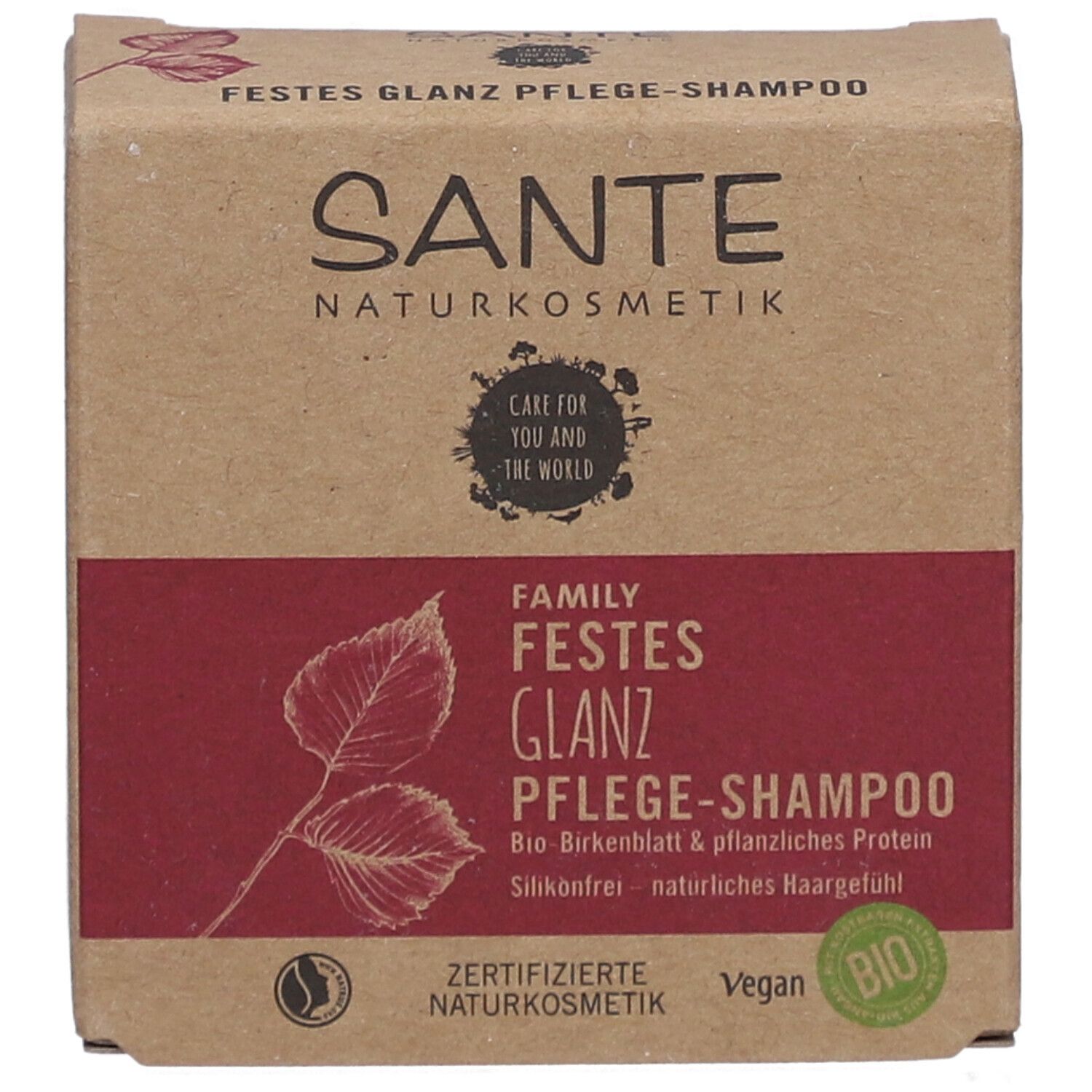 Emballage en carton avec logo SANTE et nom du produit. Zone rouge avec informations et label bio.