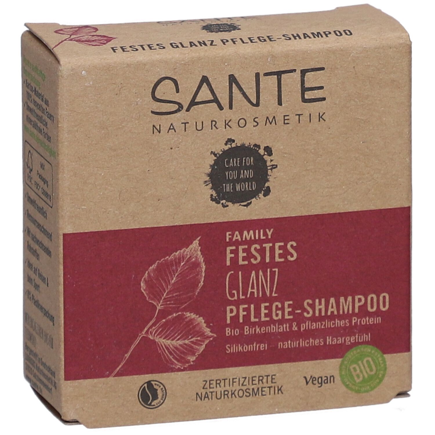 Emballage en carton avec logo SANTE et nom du produit. Zone rouge avec informations et label bio.