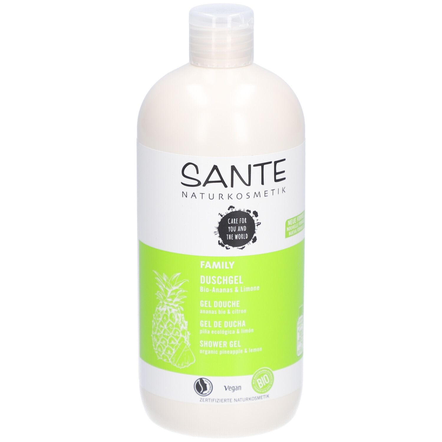 Gel douche SANTE Family, Ananas & Limone. Bouteille blanche, étiquette verte. Certifications Vegan et Bio.