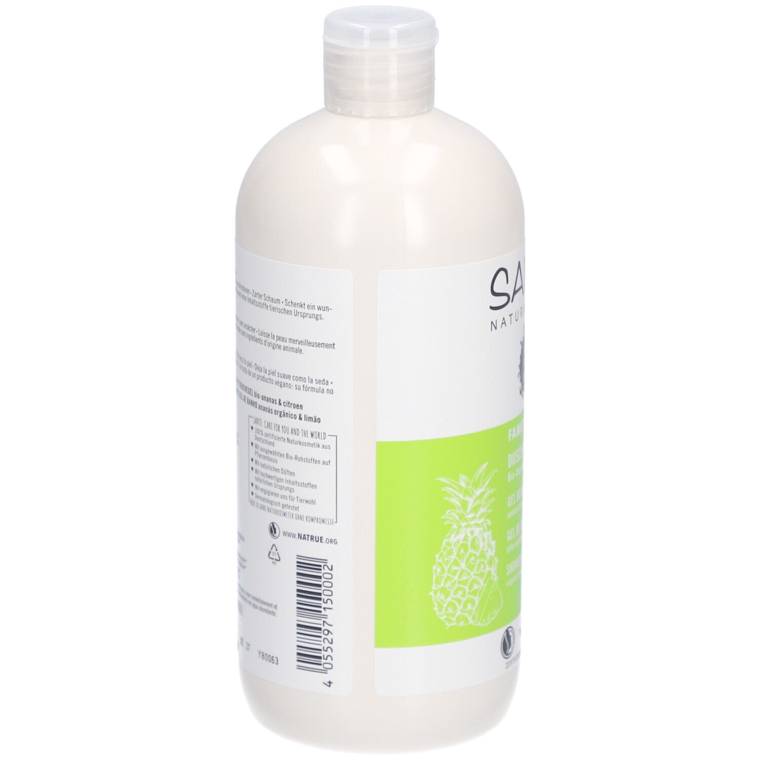 Dos de la bouteille de gel douche SANTE Family. Texte multilingue. Certifications Vegan et Bio.