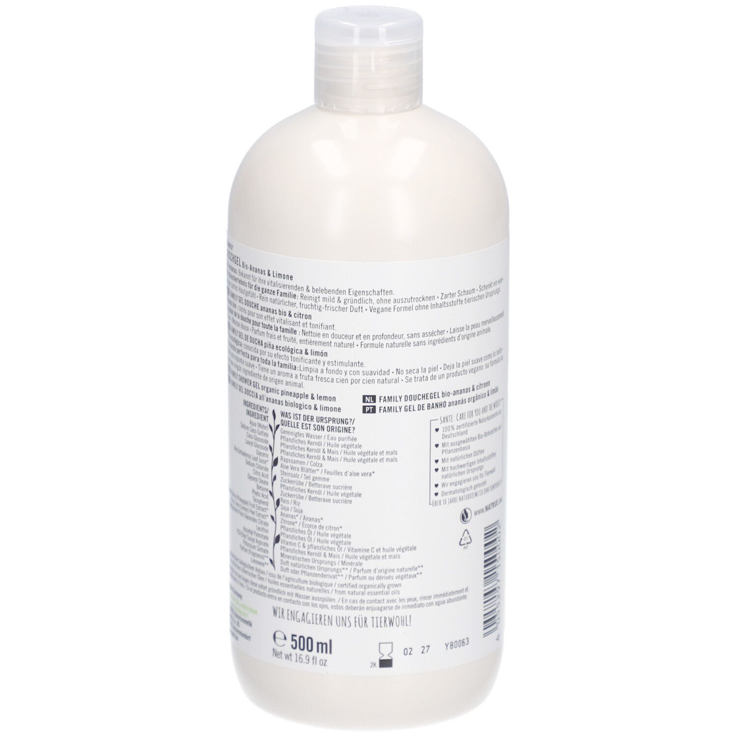 Dos de la bouteille de gel douche SANTE Family. Texte multilingue. 500 ml. Certifications Vegan et Bio.