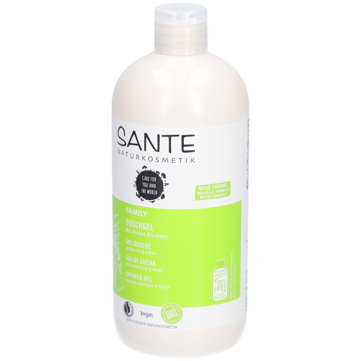 Gel douche SANTE Family, Ananas & Limone. Bouteille blanche, étiquette verte. Certifications Vegan et Bio.