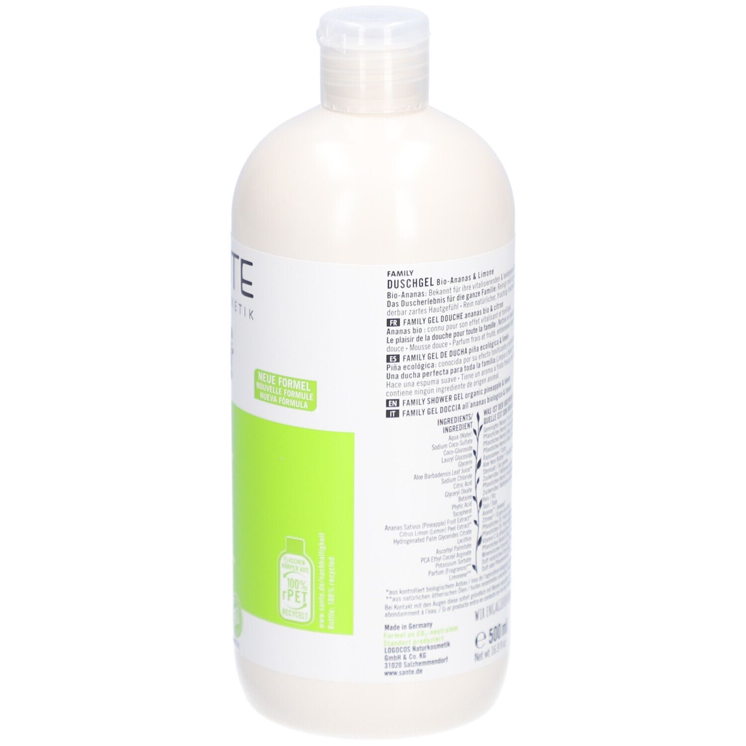 Dos de la bouteille de gel douche SANTE Family. Texte multilingue. Certifications Vegan et Bio.
