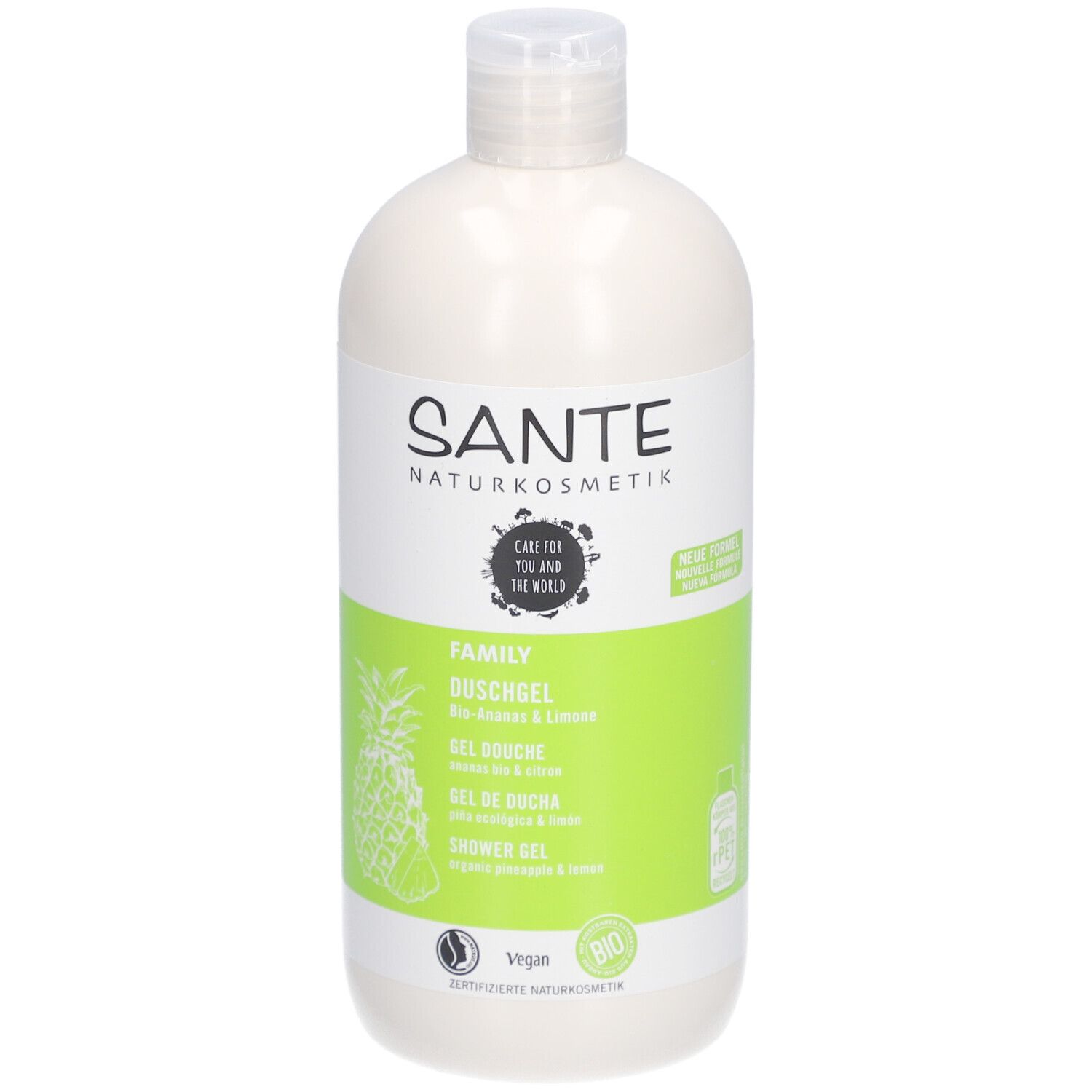 Gel douche SANTE Family, Ananas & Limone. Bouteille blanche, étiquette verte. Certifications Vegan et Bio.