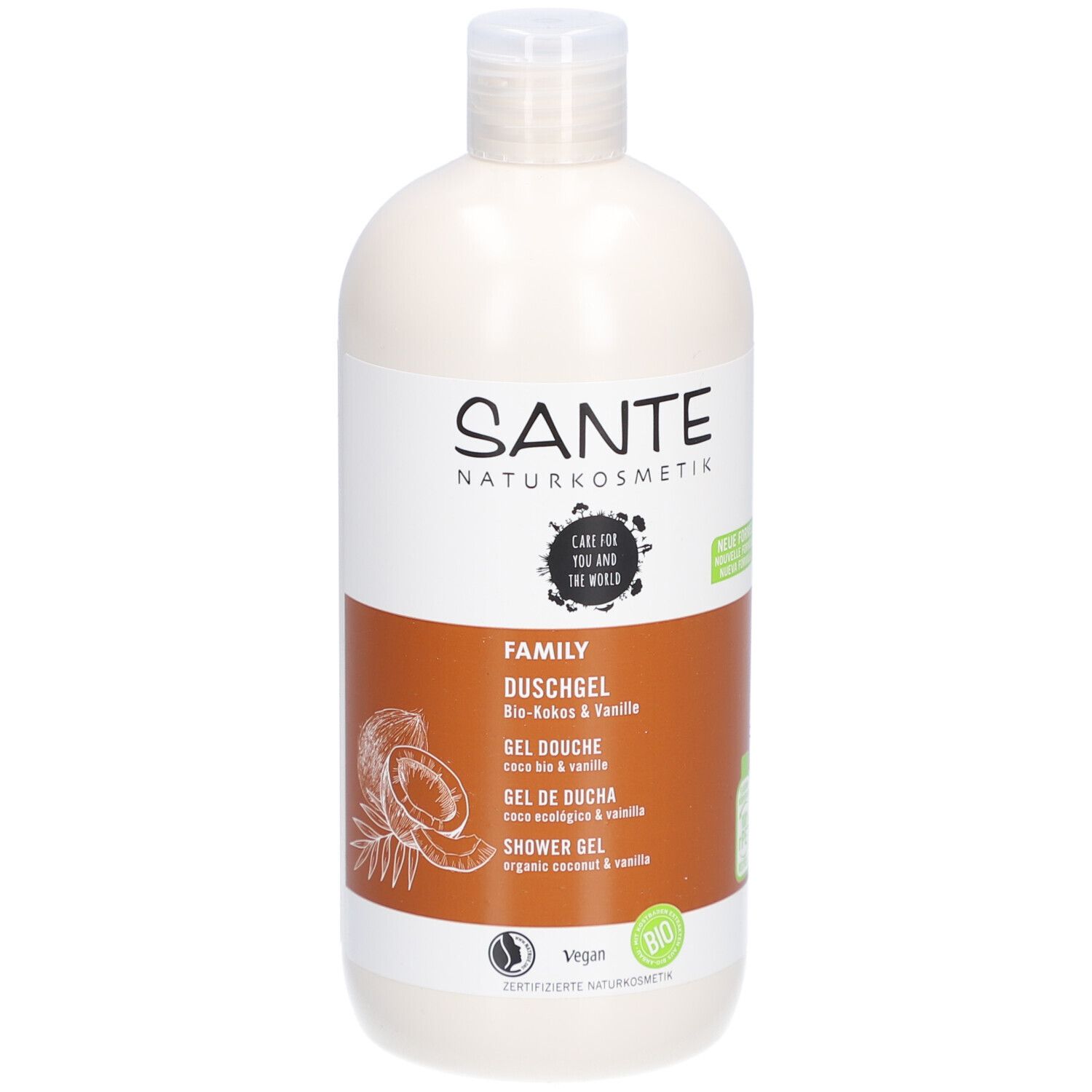 Flacon beige avec logo SANTE. Inscription : FAMILY DUSCHGEL Bio-Kokos & Vanille. Label vegan. Illustration noix de coco et vanille.