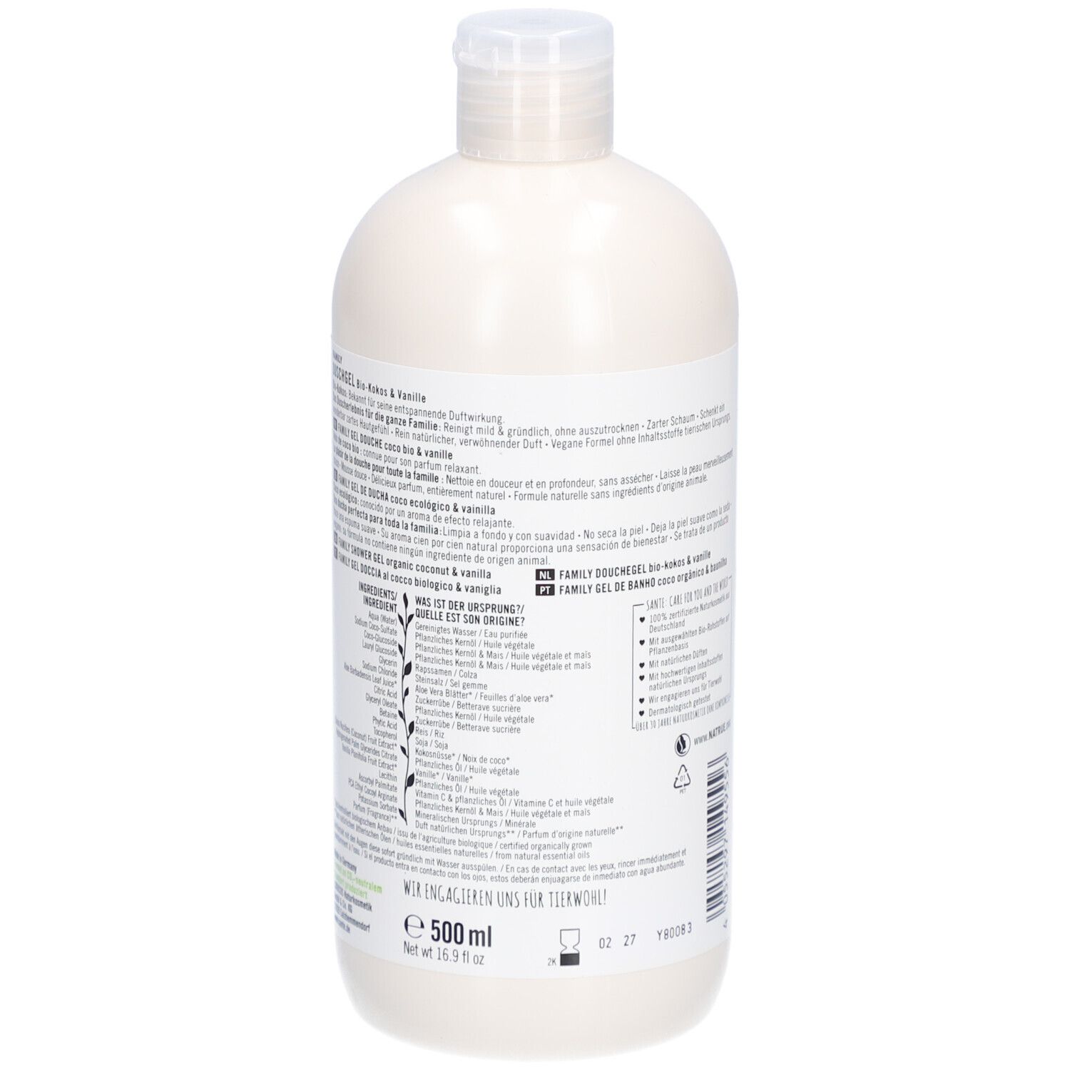 Dos du flacon avec texte. Inscription : FAMILY DUSCHGEL Bio-Kokos & Vanille. Label vegan. Volume : 500 ml.