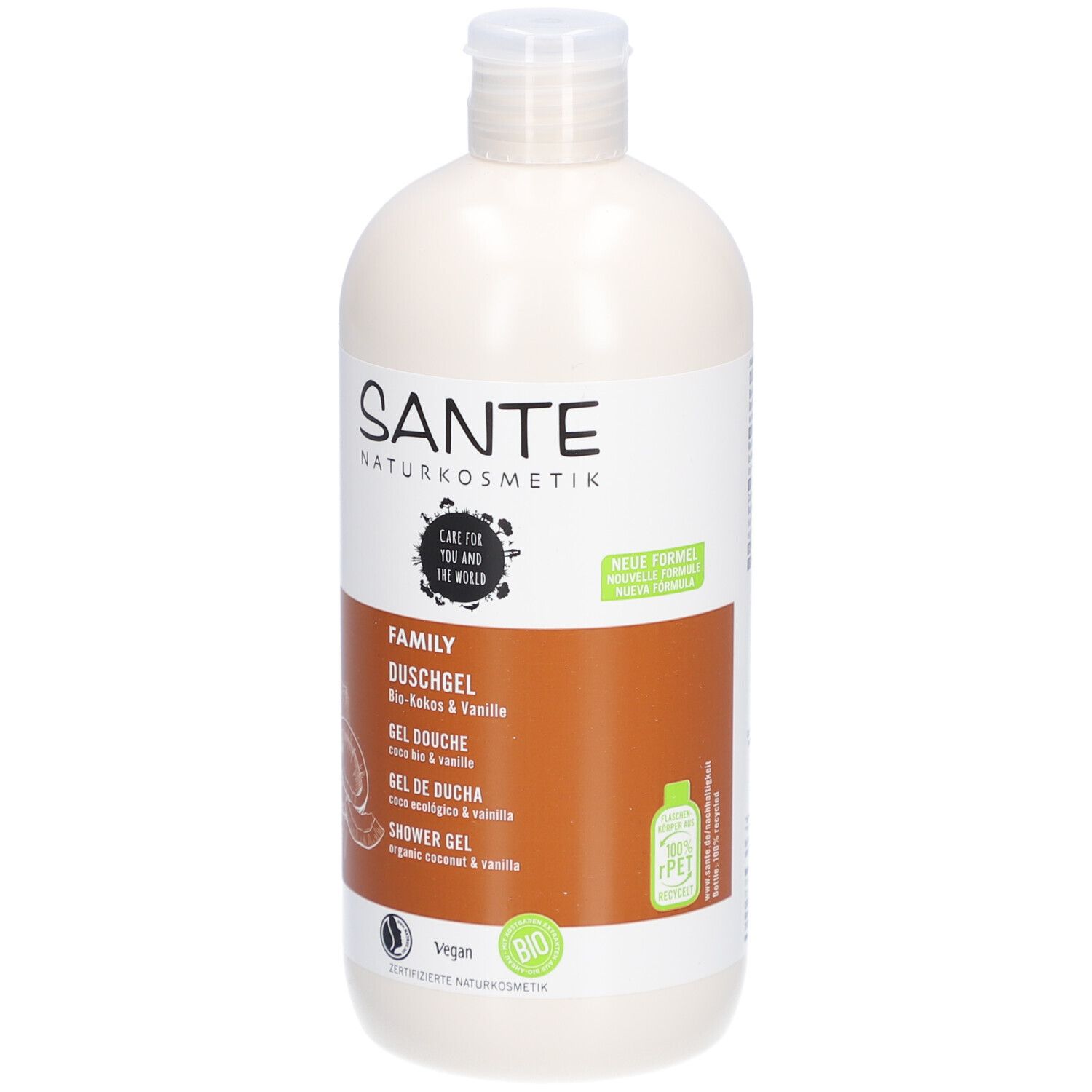 Flacon beige avec logo SANTE. Inscription : FAMILY DUSCHGEL Bio-Kokos & Vanille. Nouvelle formule. Label vegan. Illustration noix de coco.