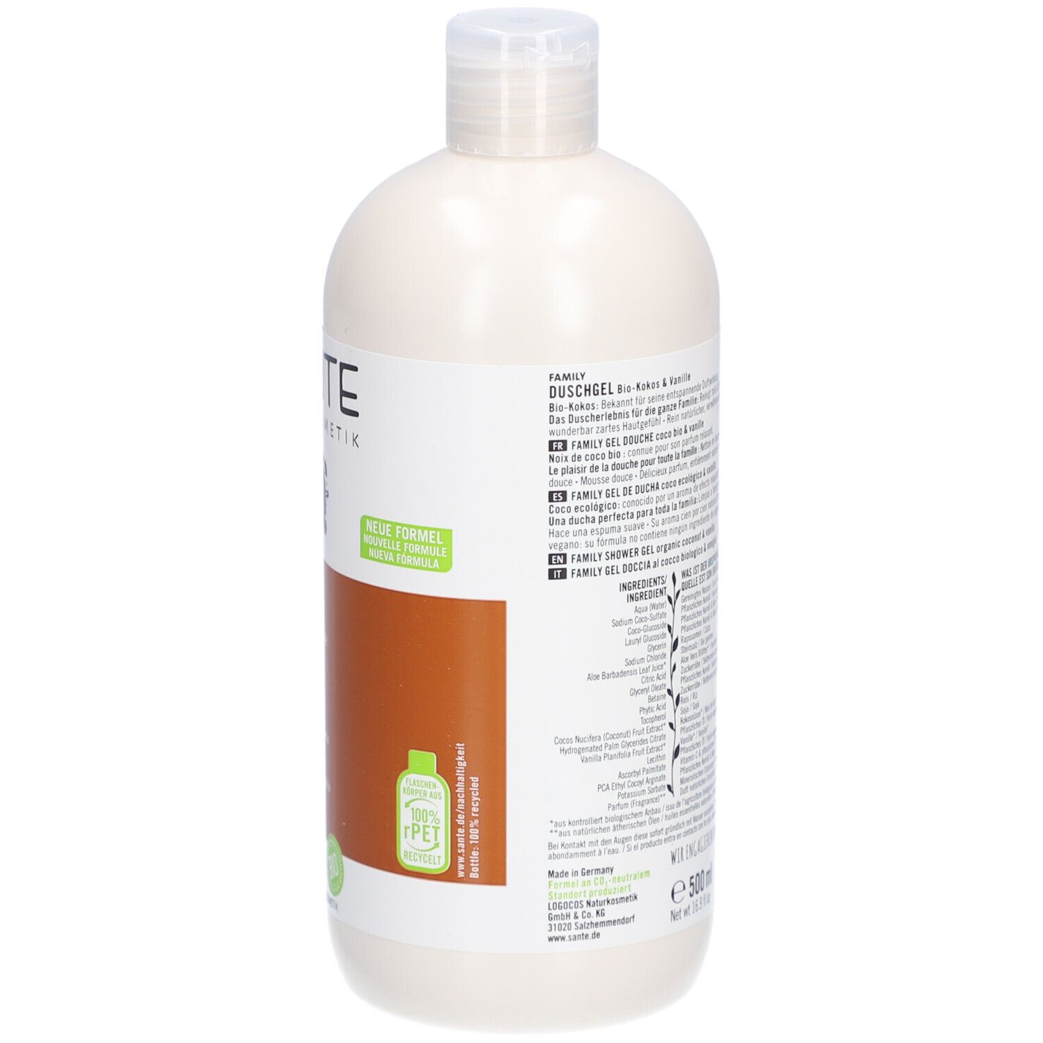 Dos du flacon avec texte. Inscription : FAMILY DUSCHGEL Bio-Kokos & Vanille. Nouvelle formule. Label vegan. Volume : 500 ml.