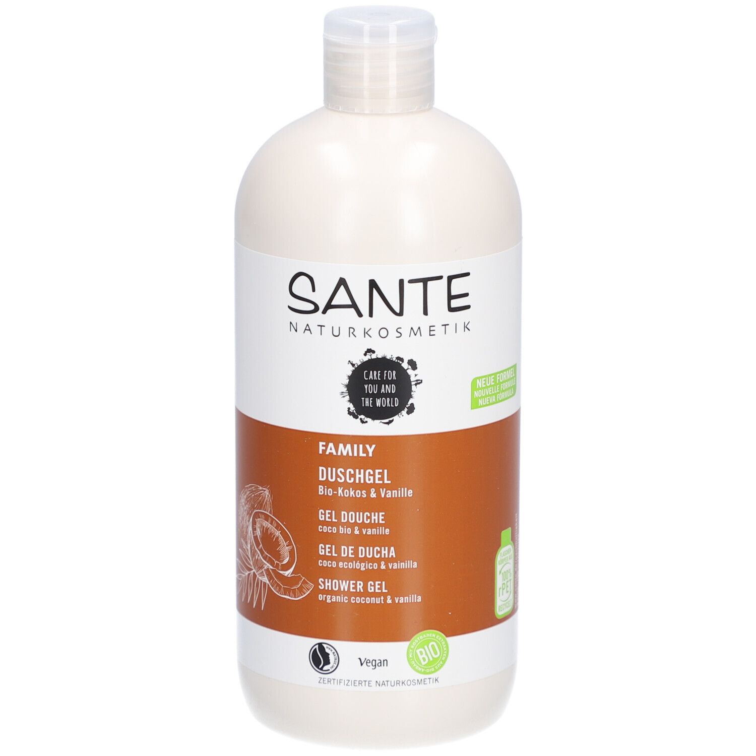 Flacon beige avec logo SANTE. Inscription : FAMILY DUSCHGEL Bio-Kokos & Vanille. Label vegan. Illustration noix de coco et vanille.