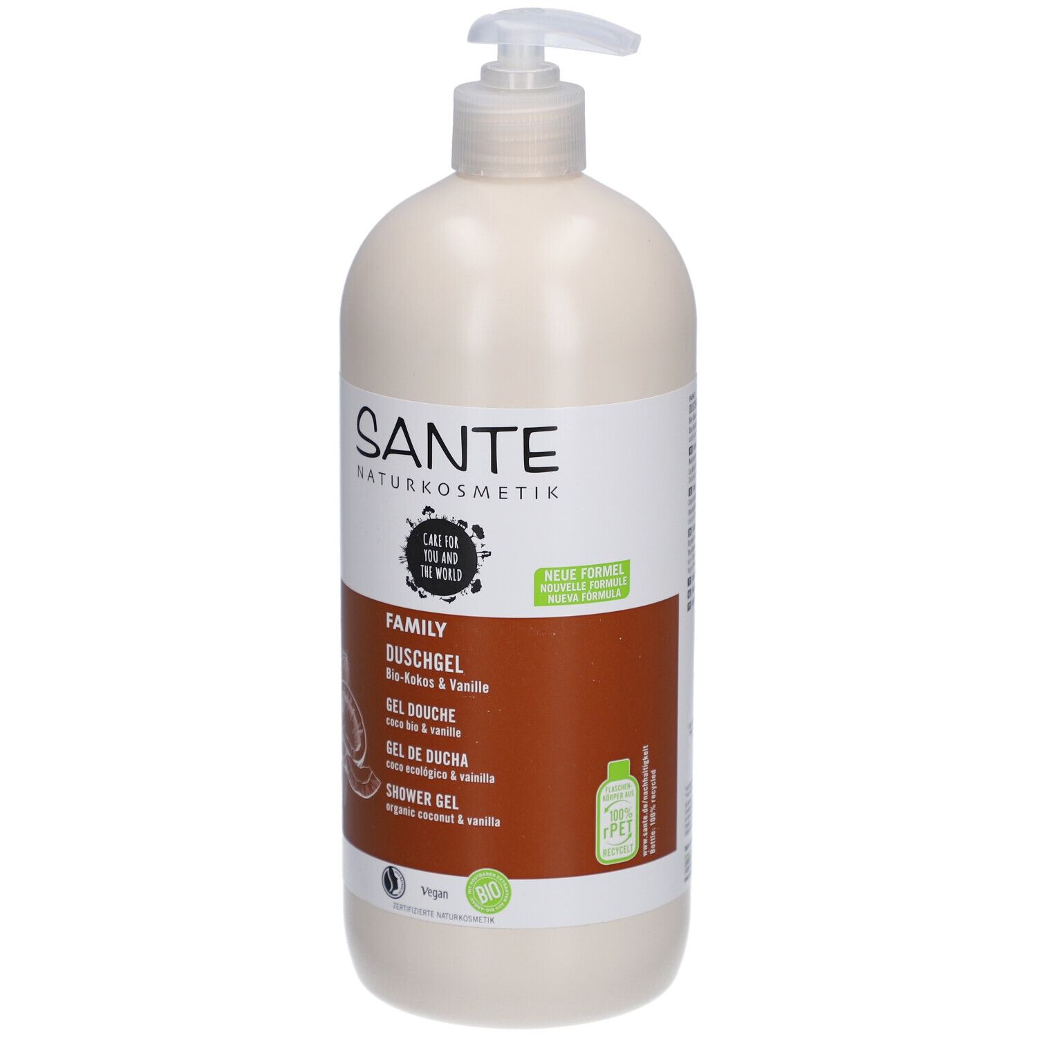 Flacon beige avec pompe. SANTE Naturkosmetik Family Gel douche Bio-Coco & Vanille. Vegan. Inscription : Nouvelle formule, qualité bio.