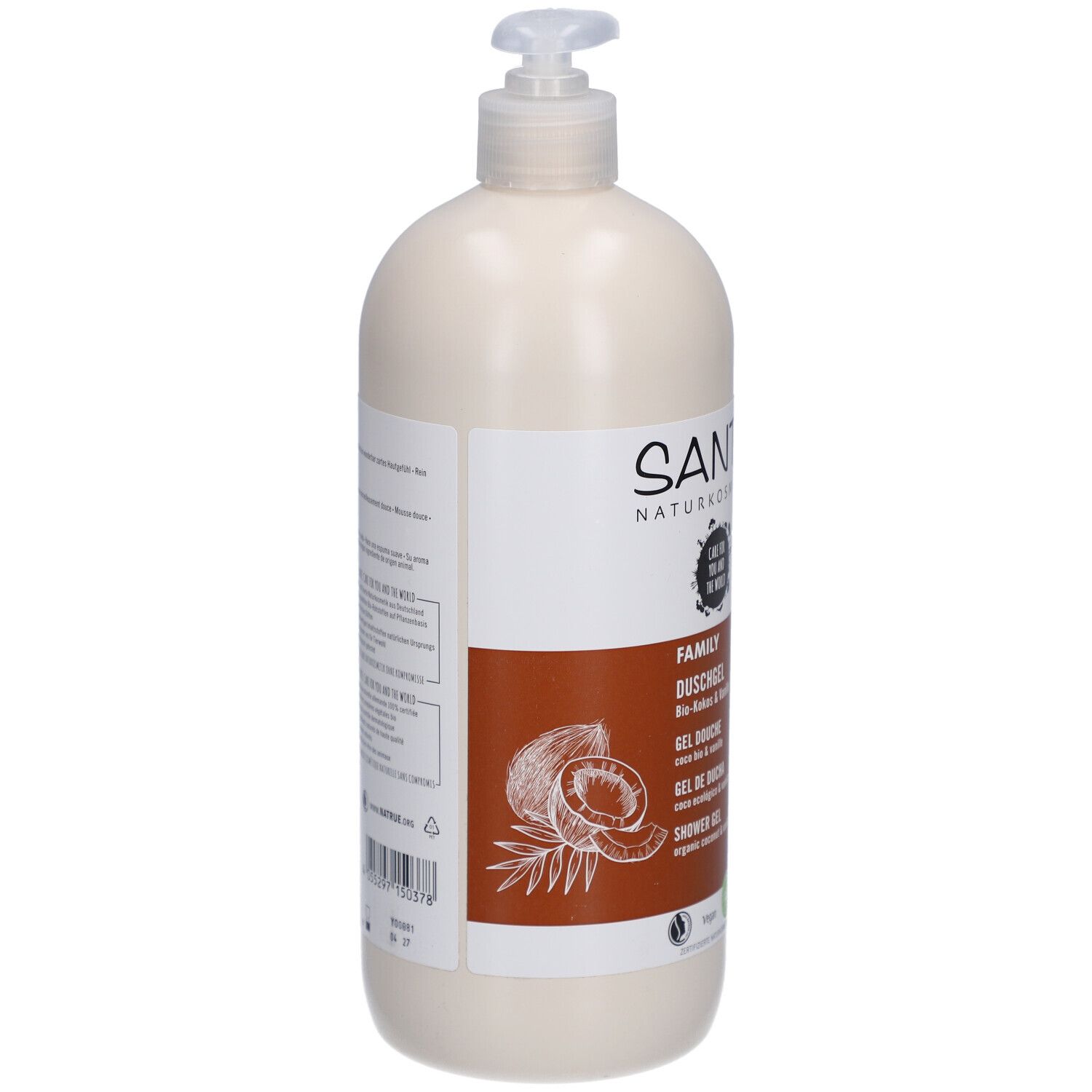 Flacon beige avec pompe. SANTE Naturkosmetik Family Gel douche Bio-Coco & Vanille. Illustration de noix de coco. Label vegan.