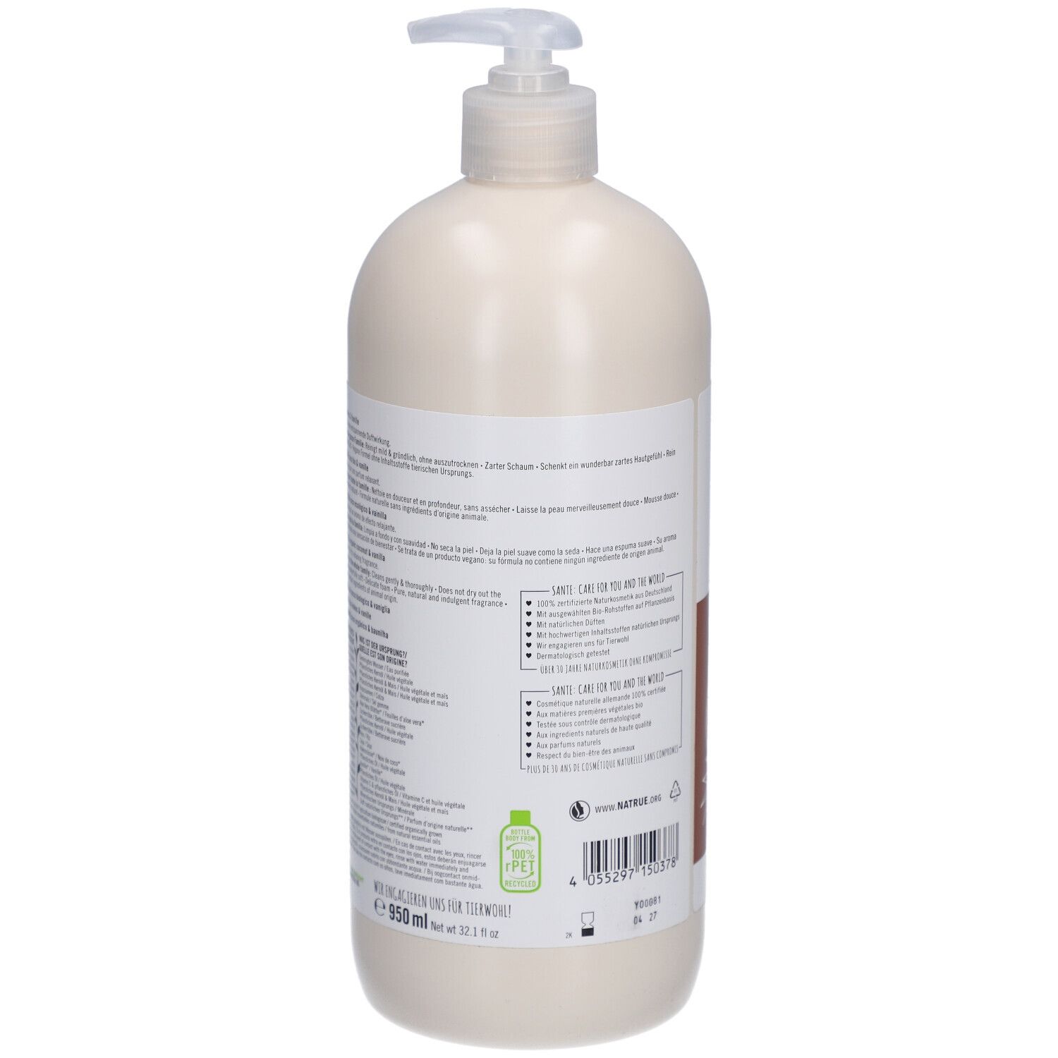 Dos du flacon. Texte multilingue. Informations sur les ingrédients et le fabricant. Symbole de recyclage PET.