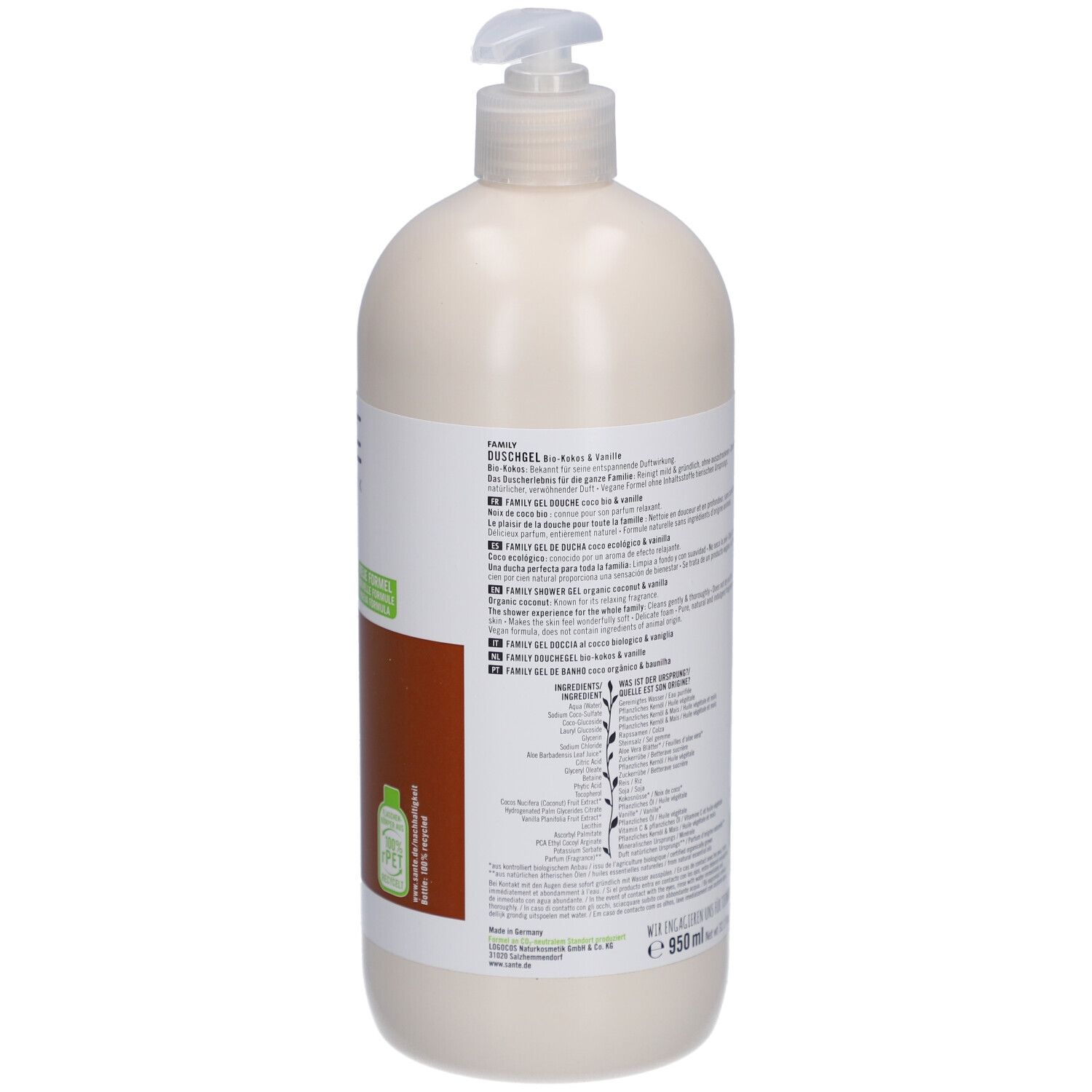 Dos du flacon. Texte multilingue. Ingrédients et fabricant. Label vegan. Symbole de recyclage PET.