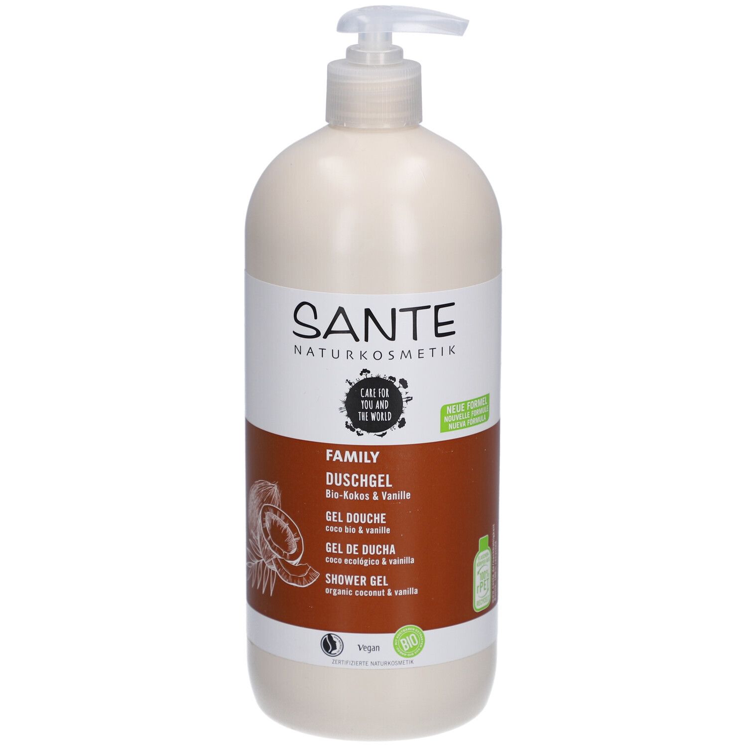 Flacon beige avec pompe. SANTE Naturkosmetik Family Gel douche Bio-Coco & Vanille. Illustration de noix de coco. Label vegan.