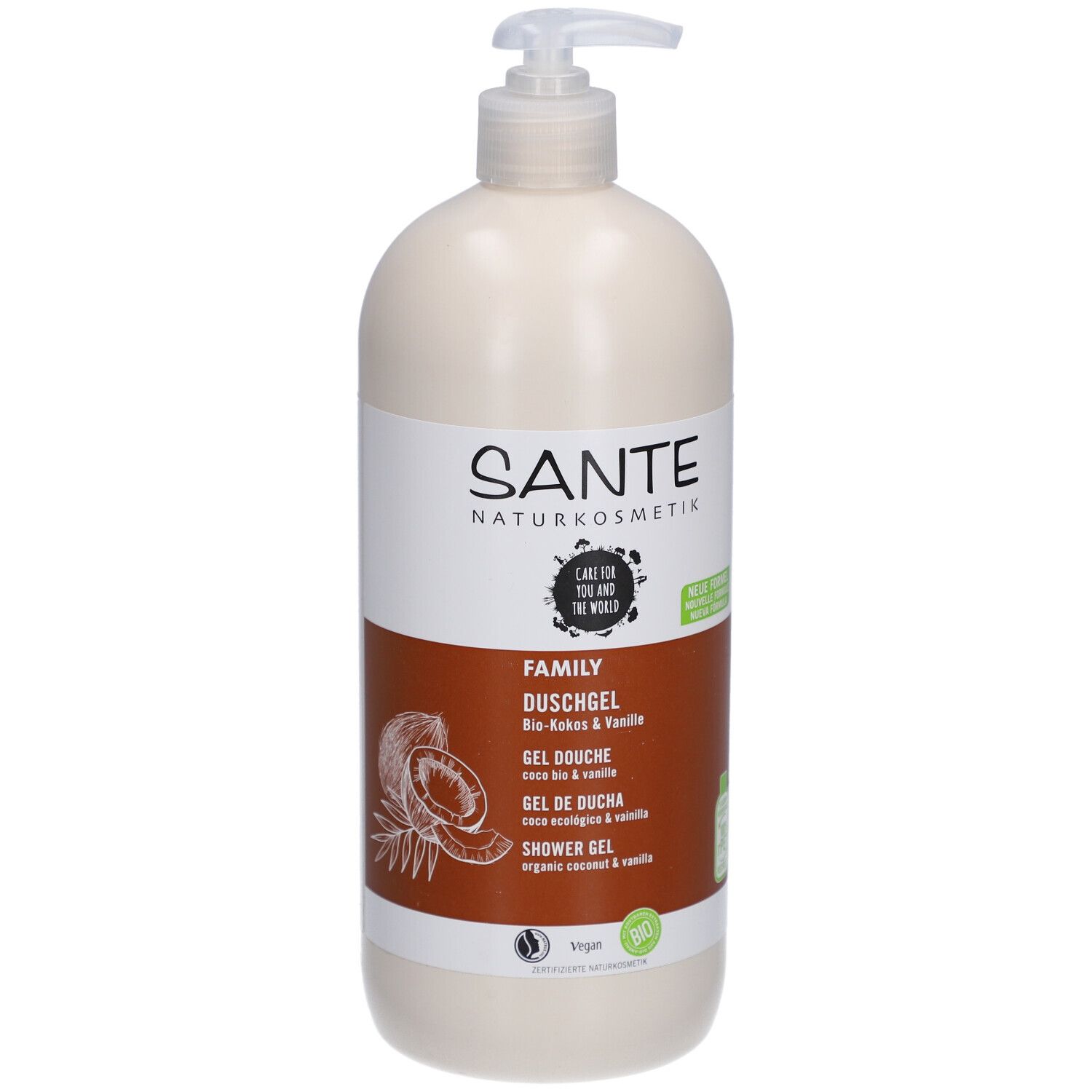 Flacon beige avec pompe. SANTE Naturkosmetik Family Gel douche Bio-Coco & Vanille. Illustration de noix de coco. Label vegan.