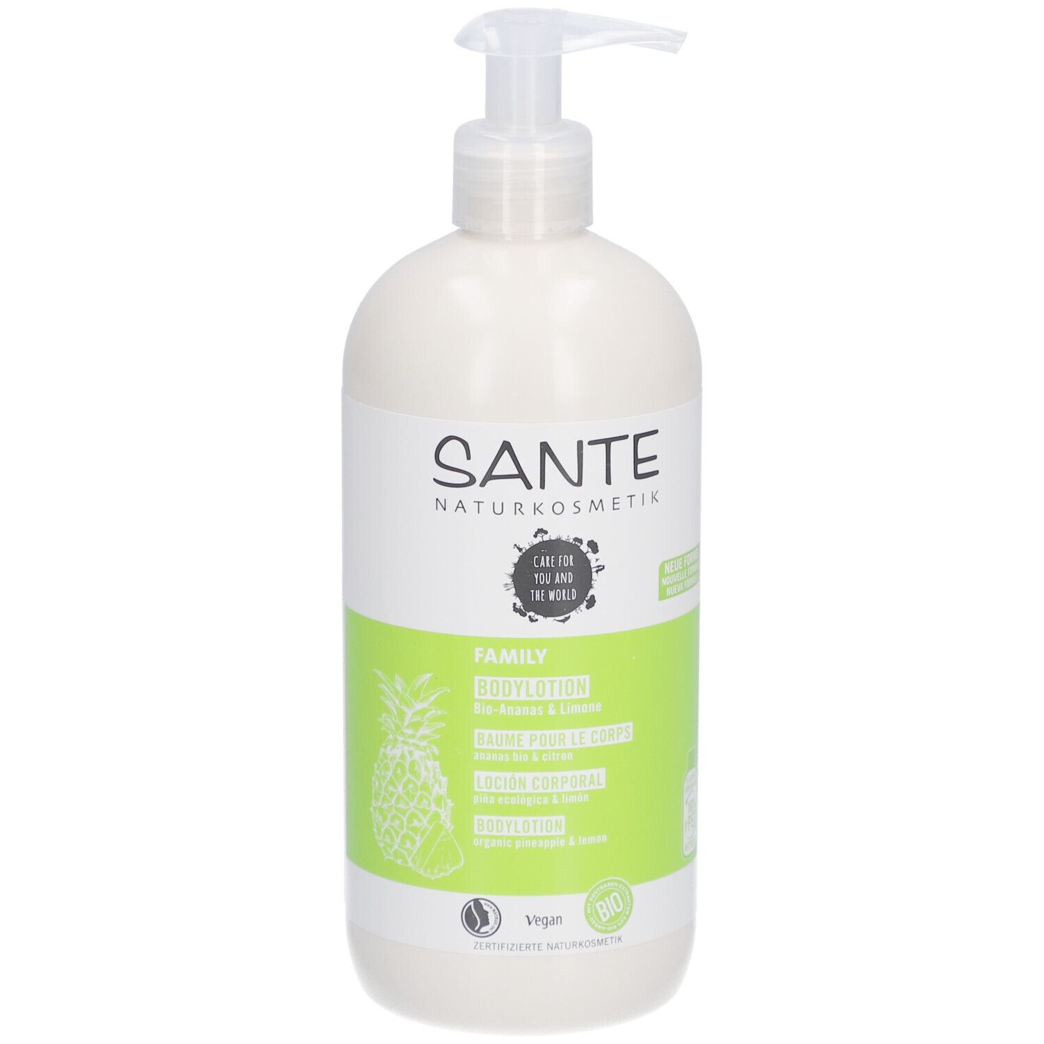 SANTE Bodylotion Bio-Ananas & Limone. Witte fles met pomp. Groen-wit etiket met productnaam en ananas illustratie.