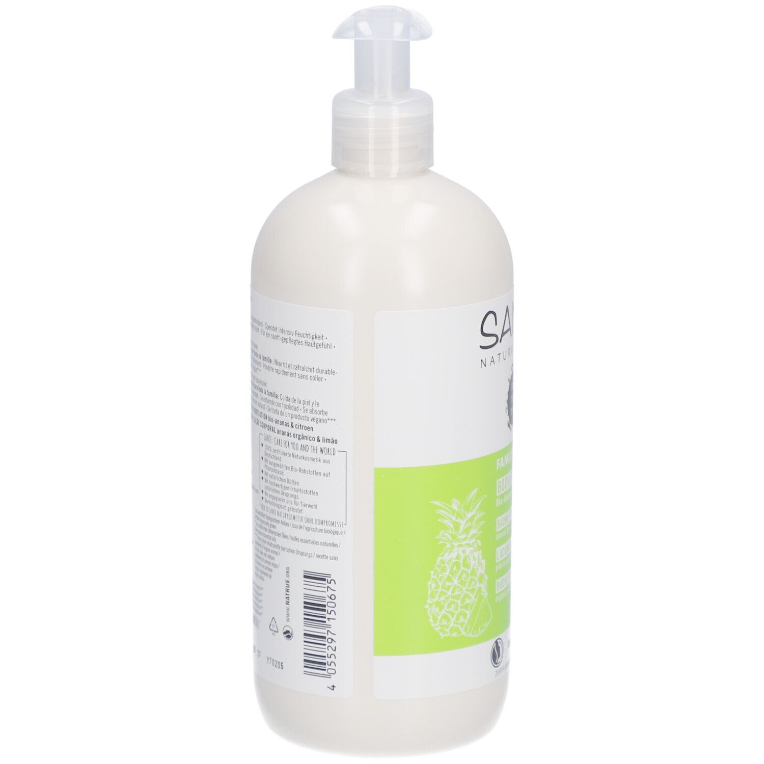 SANTE Bodylotion Bio-Ananas & Limone. Achterkant fles. Tekst op wit etiket. Groene details. Pomp.