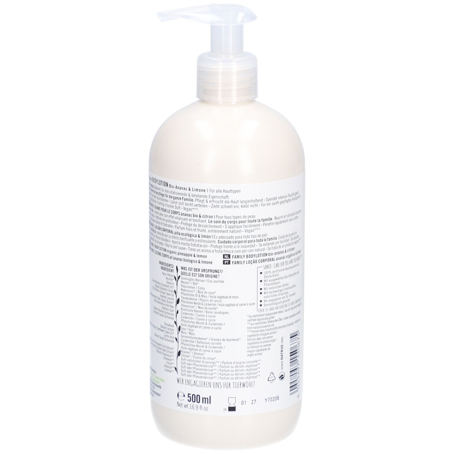 SANTE Bodylotion Bio-Ananas & Limone. Achterkant fles. Tekst op wit etiket. Groene details. 500 ml.
