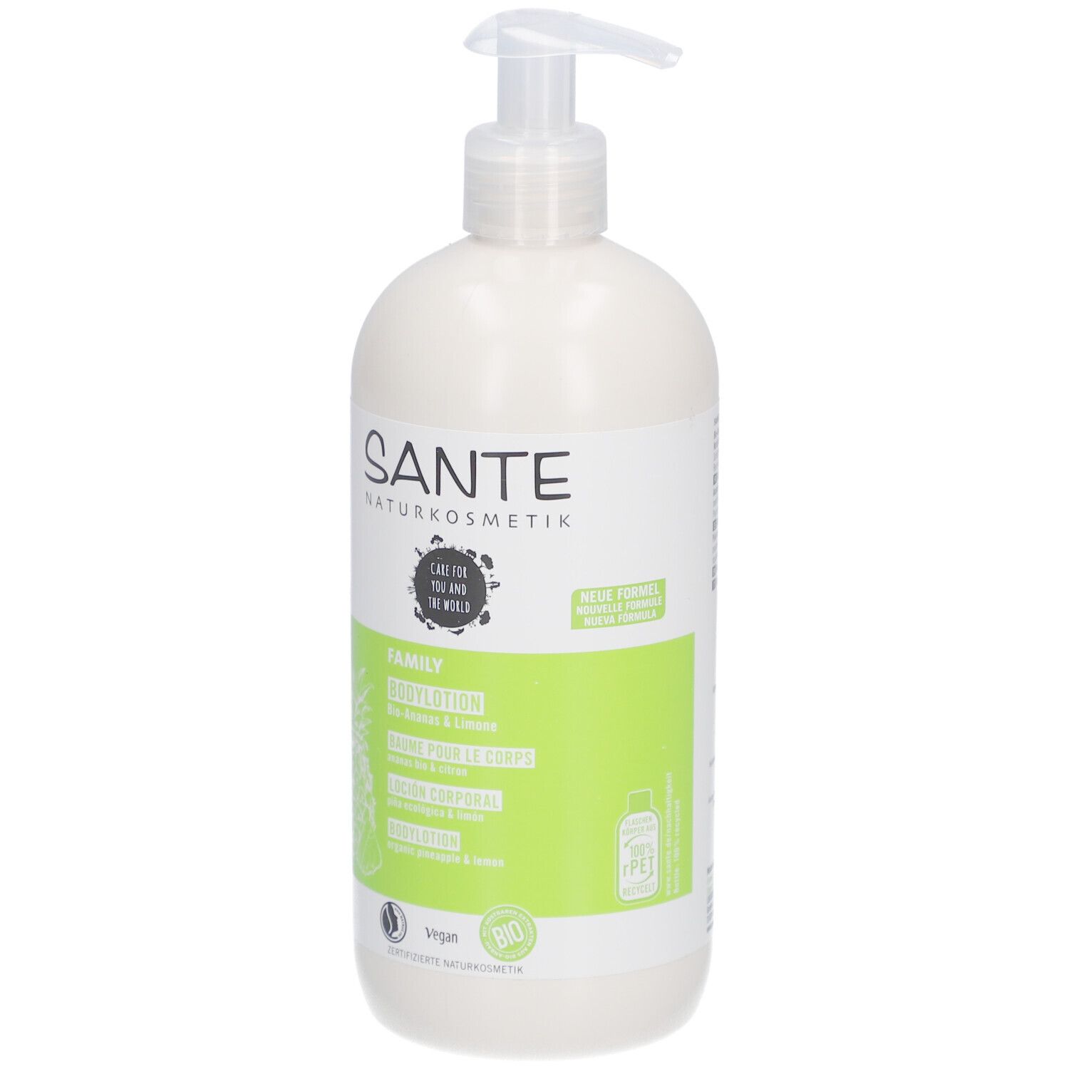 SANTE Bodylotion Bio-Ananas & Limone. Witte fles met pomp. Groen-wit etiket met productnaam en logo.