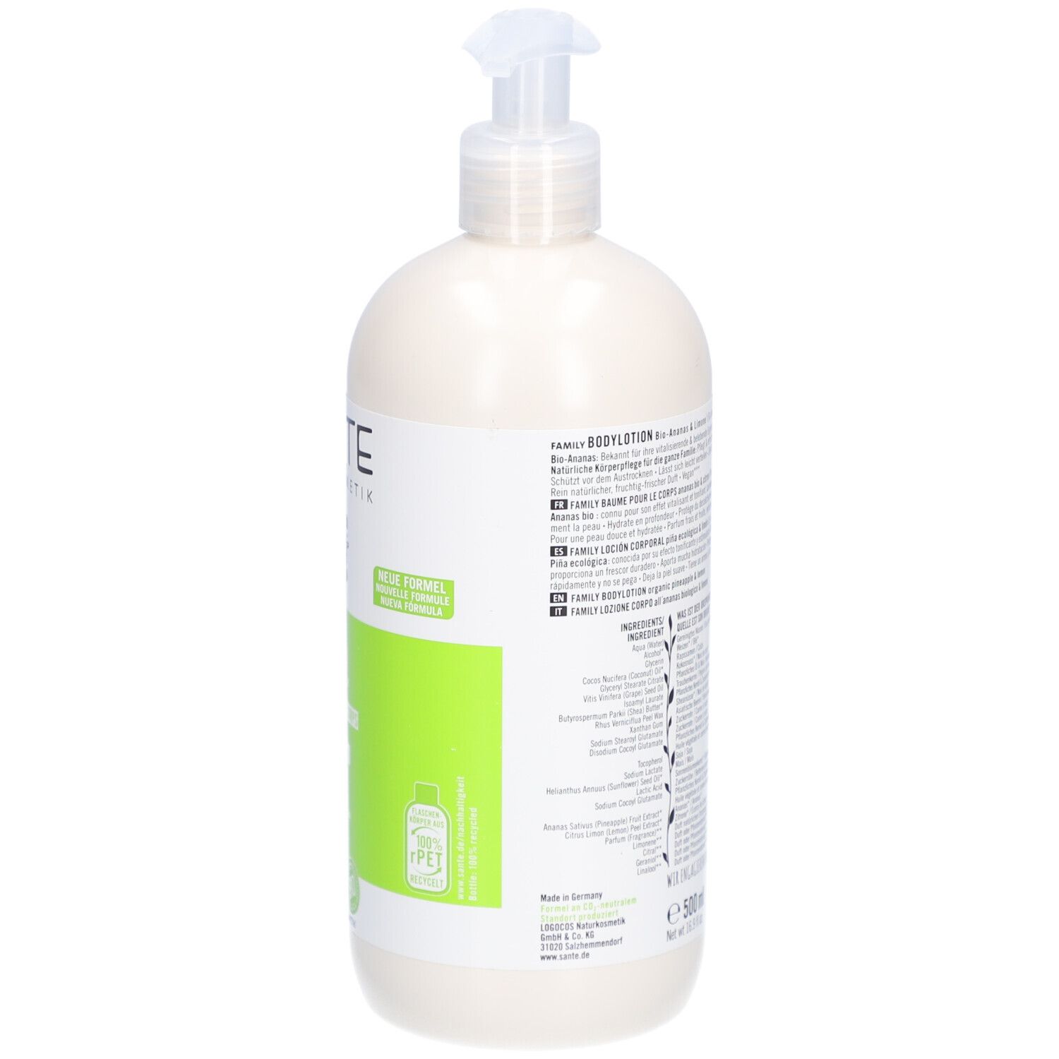 SANTE Bodylotion Bio-Ananas & Limone. Achterkant fles. Tekst op wit etiket. Groene details. 500 ml.