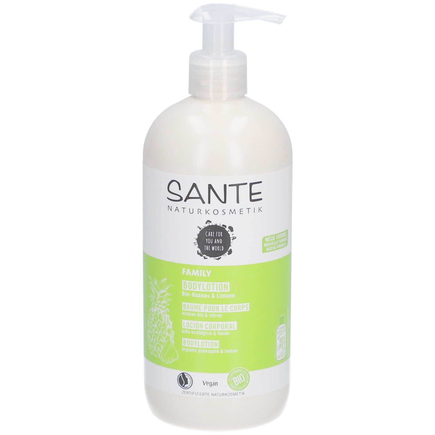 SANTE Bodylotion Bio-Ananas & Limone. Witte fles met pomp. Groen-wit etiket met productnaam en ananas illustratie.