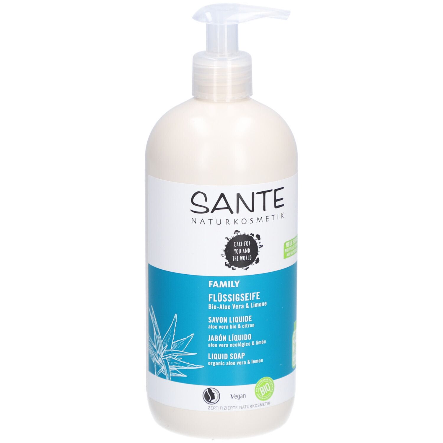 Flacon crème avec pompe. Inscription: SANTE, FAMILY Savon liquide, Bio Aloe Vera & Citron. Label Vegan.