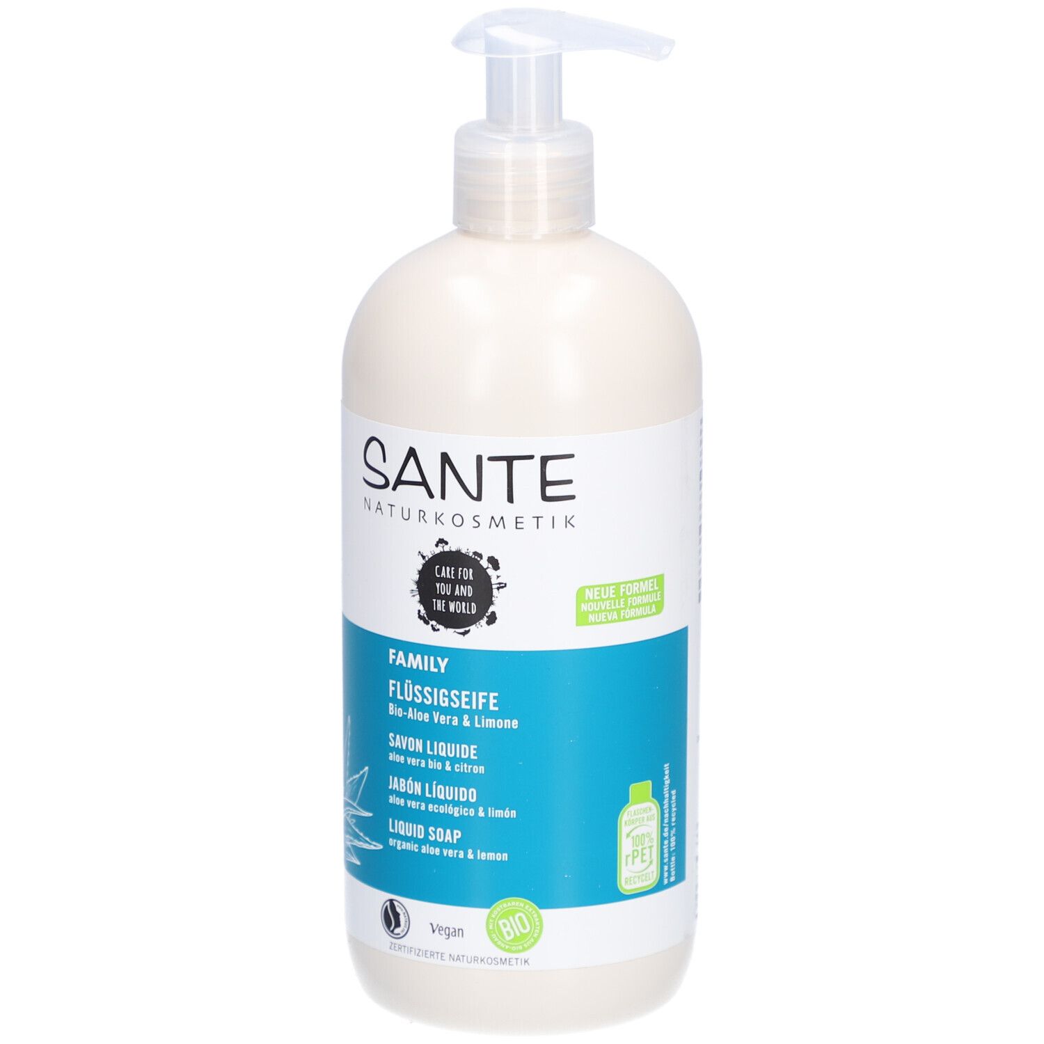 Flacon crème avec pompe. Inscription: SANTE, FAMILY Savon liquide, Bio Aloe Vera & Citron. Nouveau design.