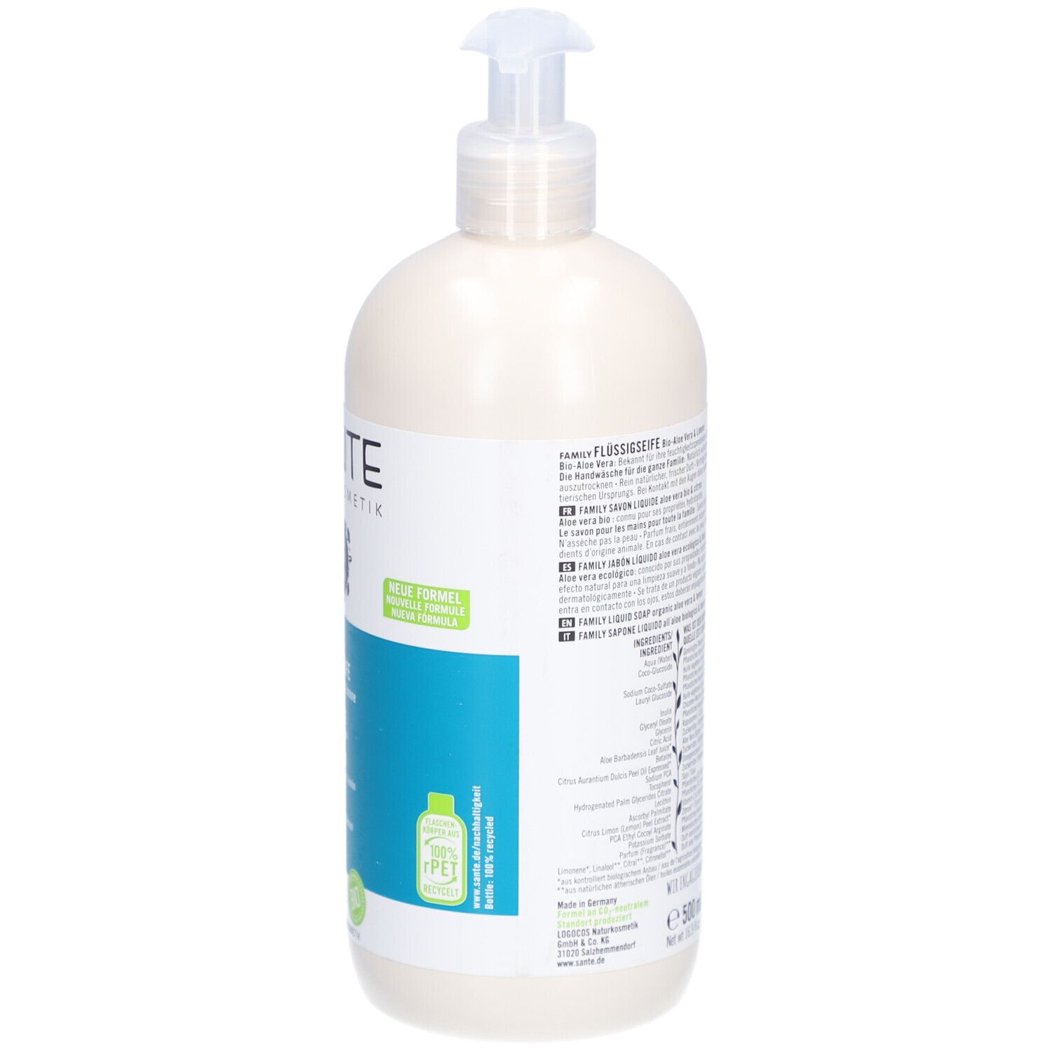 Dos du flacon. Texte multilingue. Nouveau design. Volume: 500 ml. Symbole de recyclage PET.