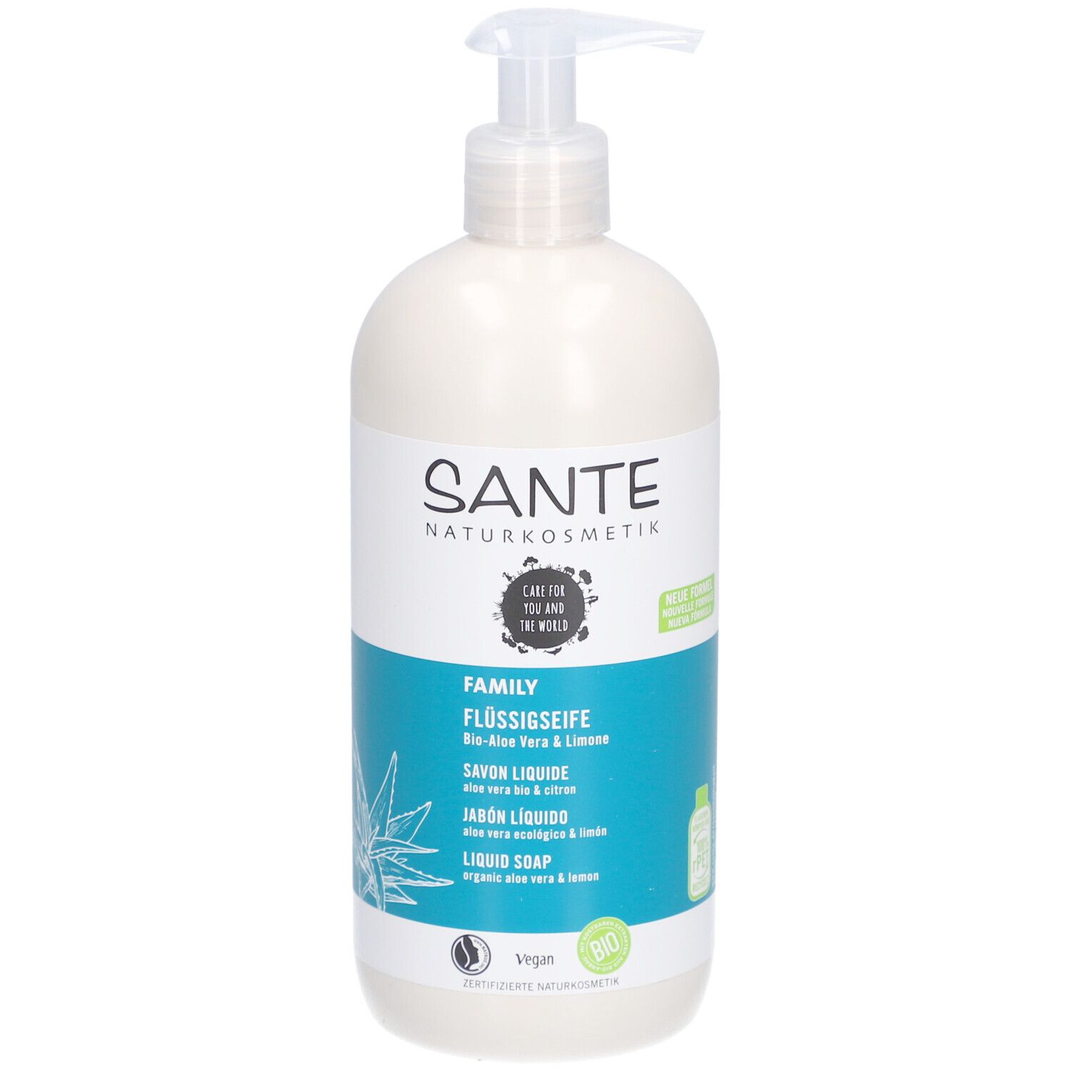 Flacon crème avec pompe. Inscription: SANTE, FAMILY Savon liquide, Bio Aloe Vera & Citron. Label Vegan.