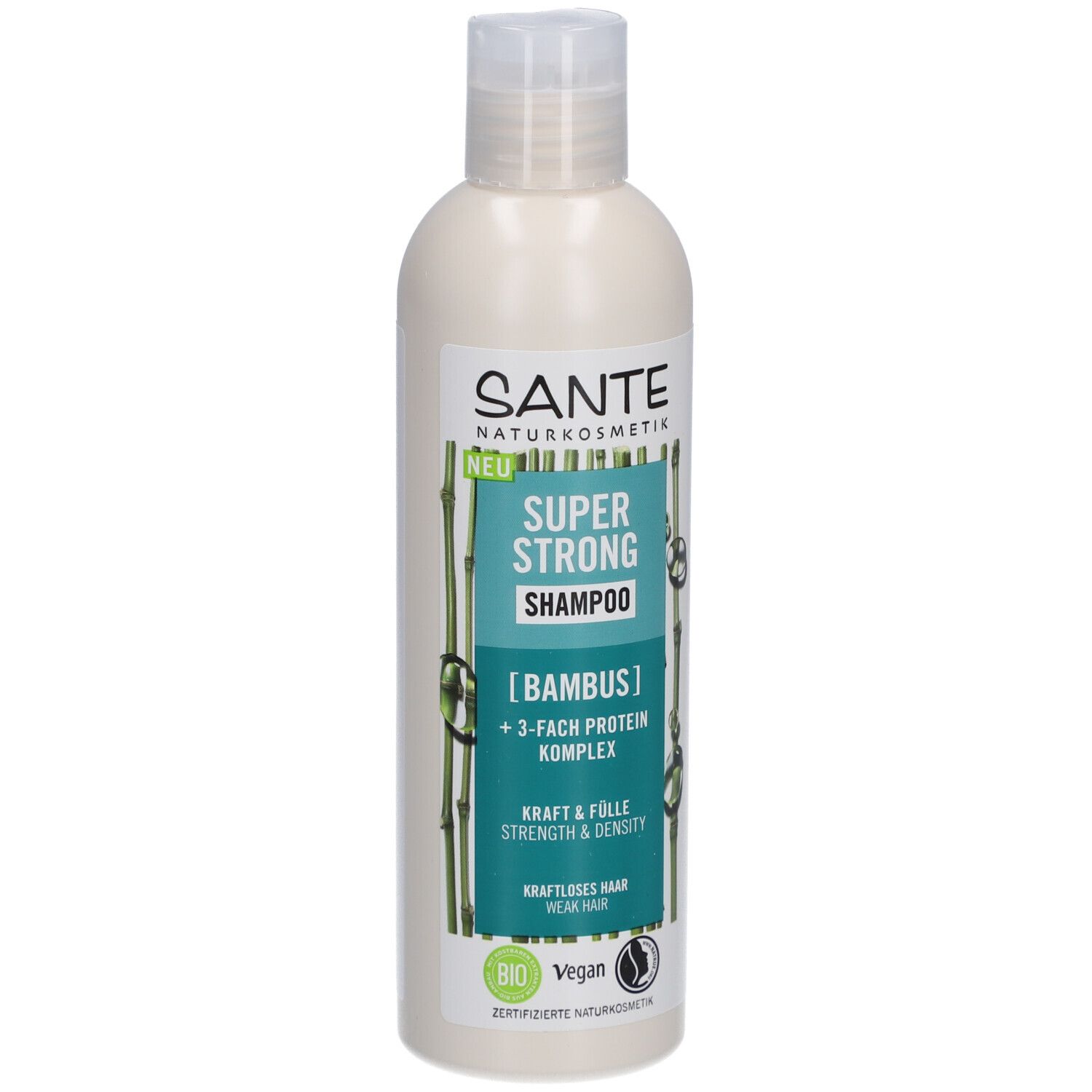 Shampooing SANTE Super Strong. Bouteille blanche, étiquette verte. Motif bambou. Texte: Super Strong Shampoo, Bambus, 3-fach Protein Komplex.