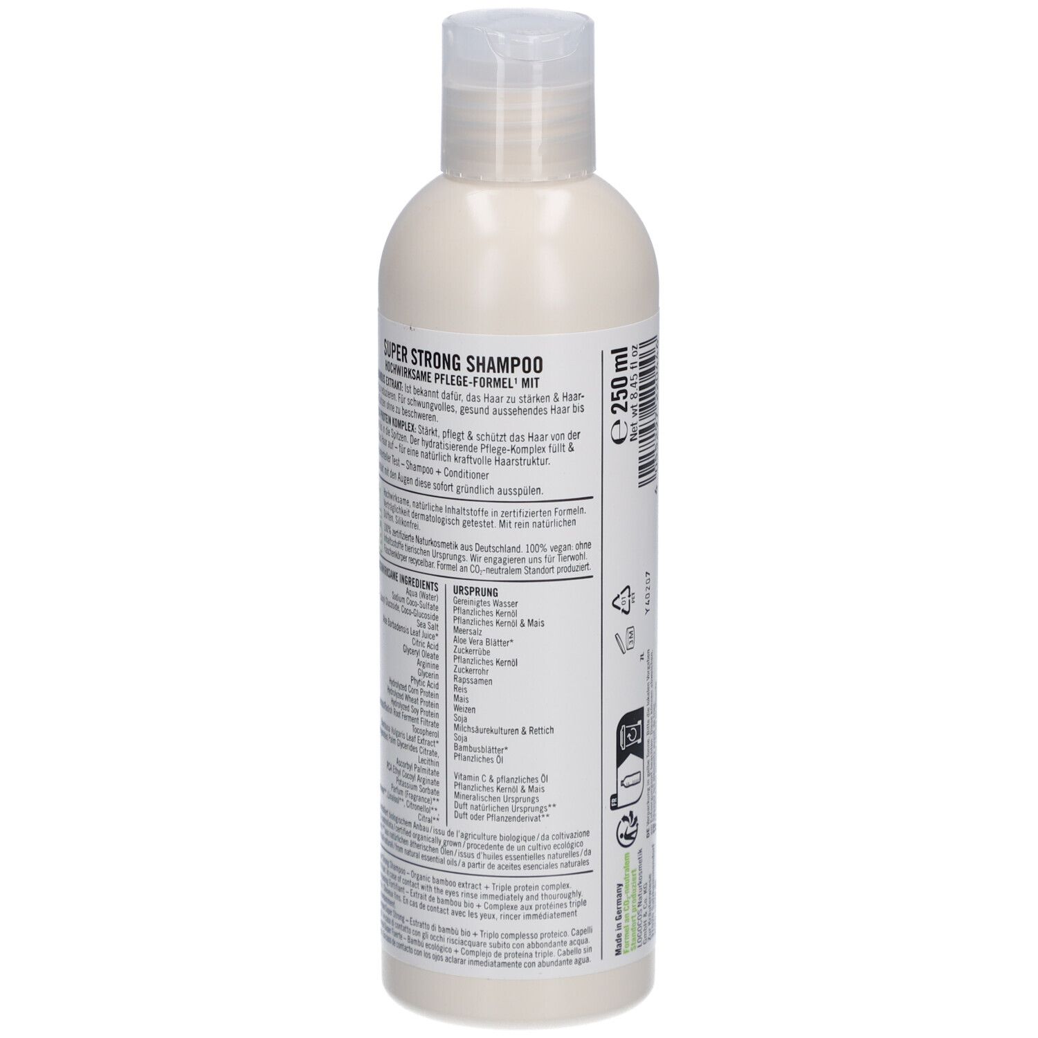 Dos de la bouteille de shampooing SANTE. Bouteille blanche avec texte. Contient des informations sur les ingrédients et l'utilisation.