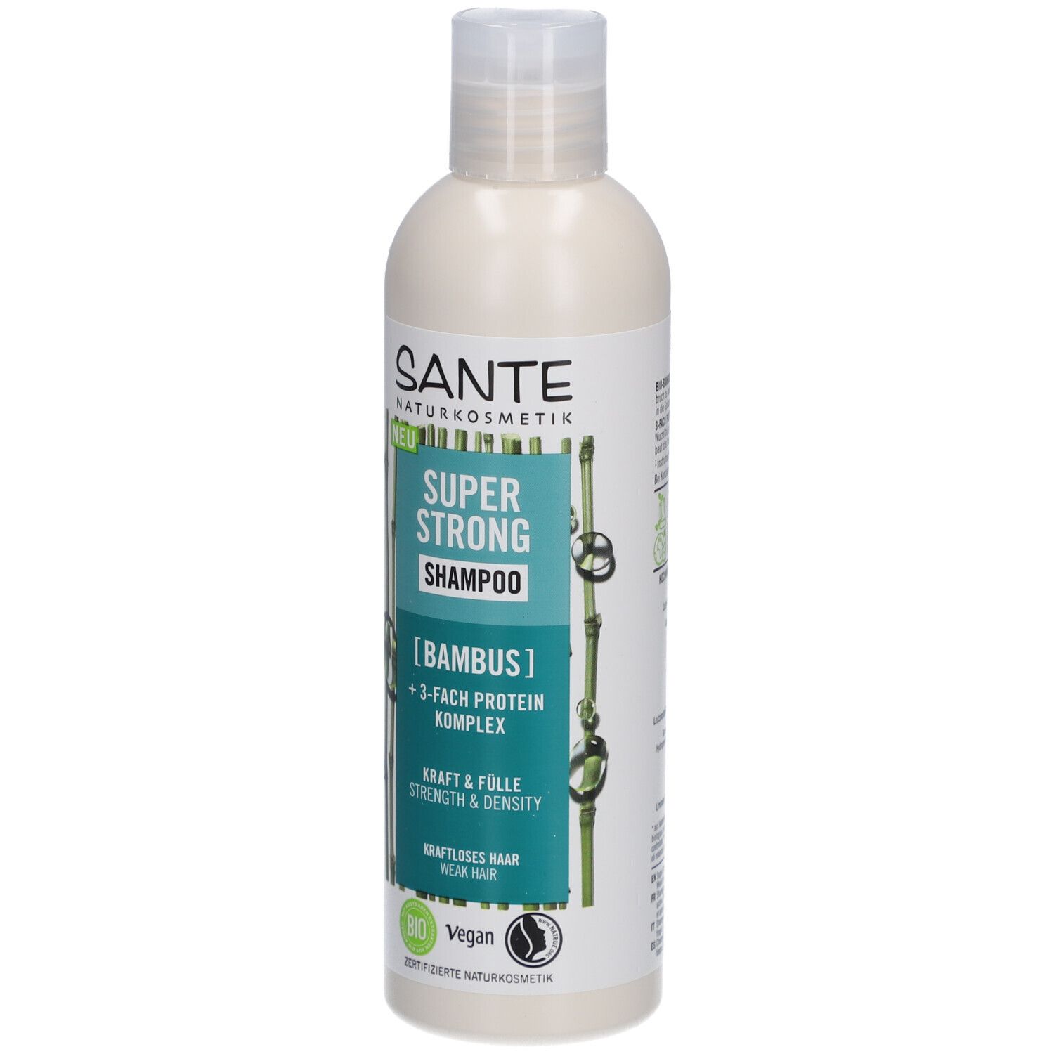 Shampooing SANTE Super Strong. Bouteille blanche, étiquette verte. Motif bambou. Texte: Super Strong Shampoo, Bambus, 3-fach Protein Komplex.