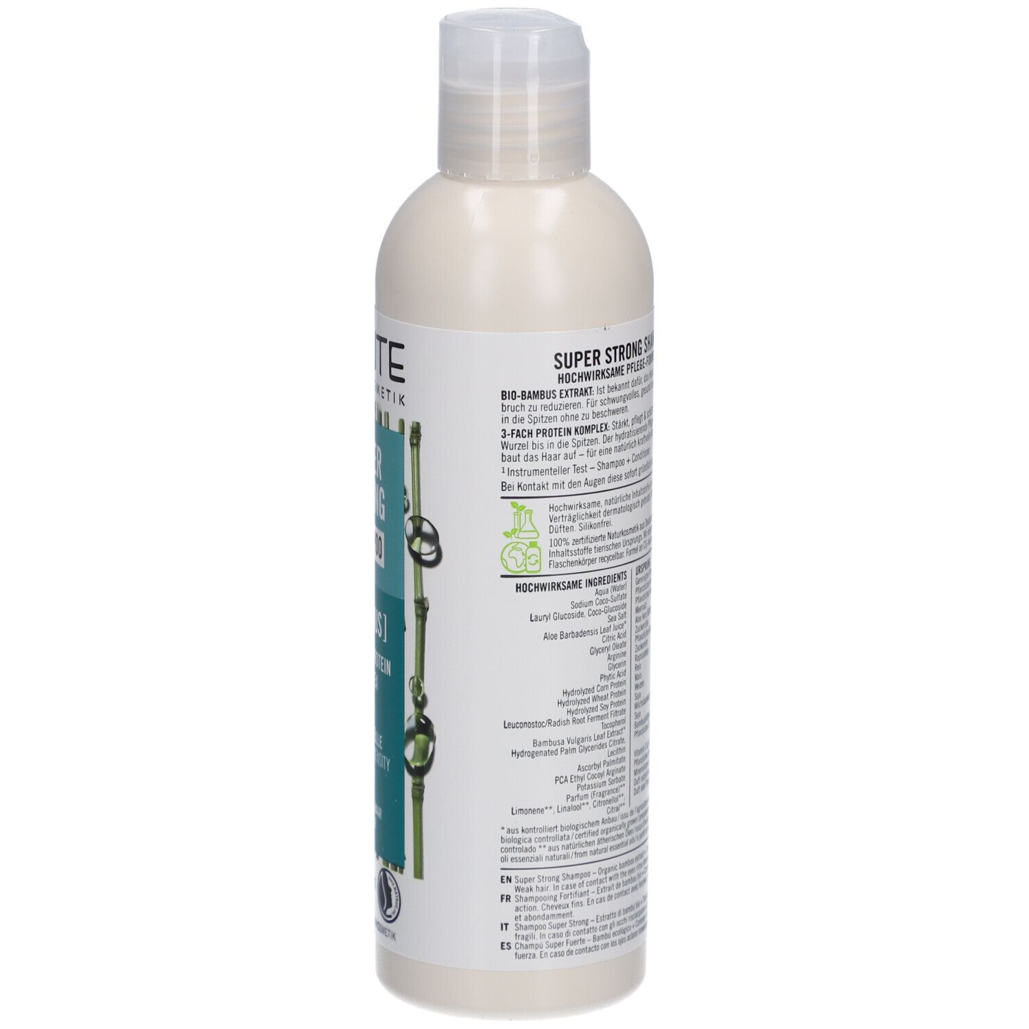 Dos de la bouteille de shampooing SANTE. Bouteille blanche avec texte. Contient des informations sur les ingrédients et l'utilisation.