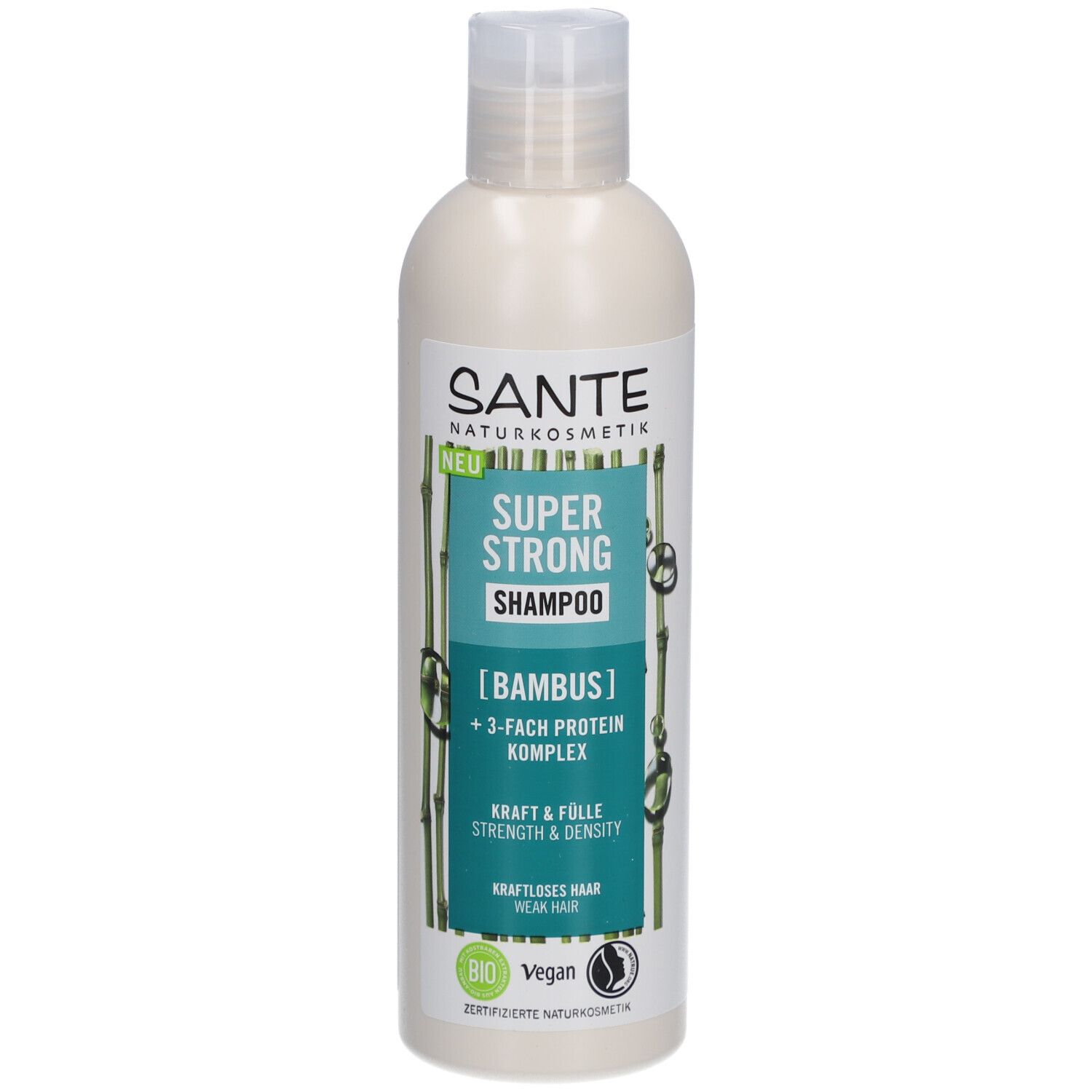 Shampoo SANTE Super Strong. Bouteille blanche, étiquette verte. Motif bambou. Texte: Super Strong Shampoo, Bambus, 3-fach Protein Komplex.