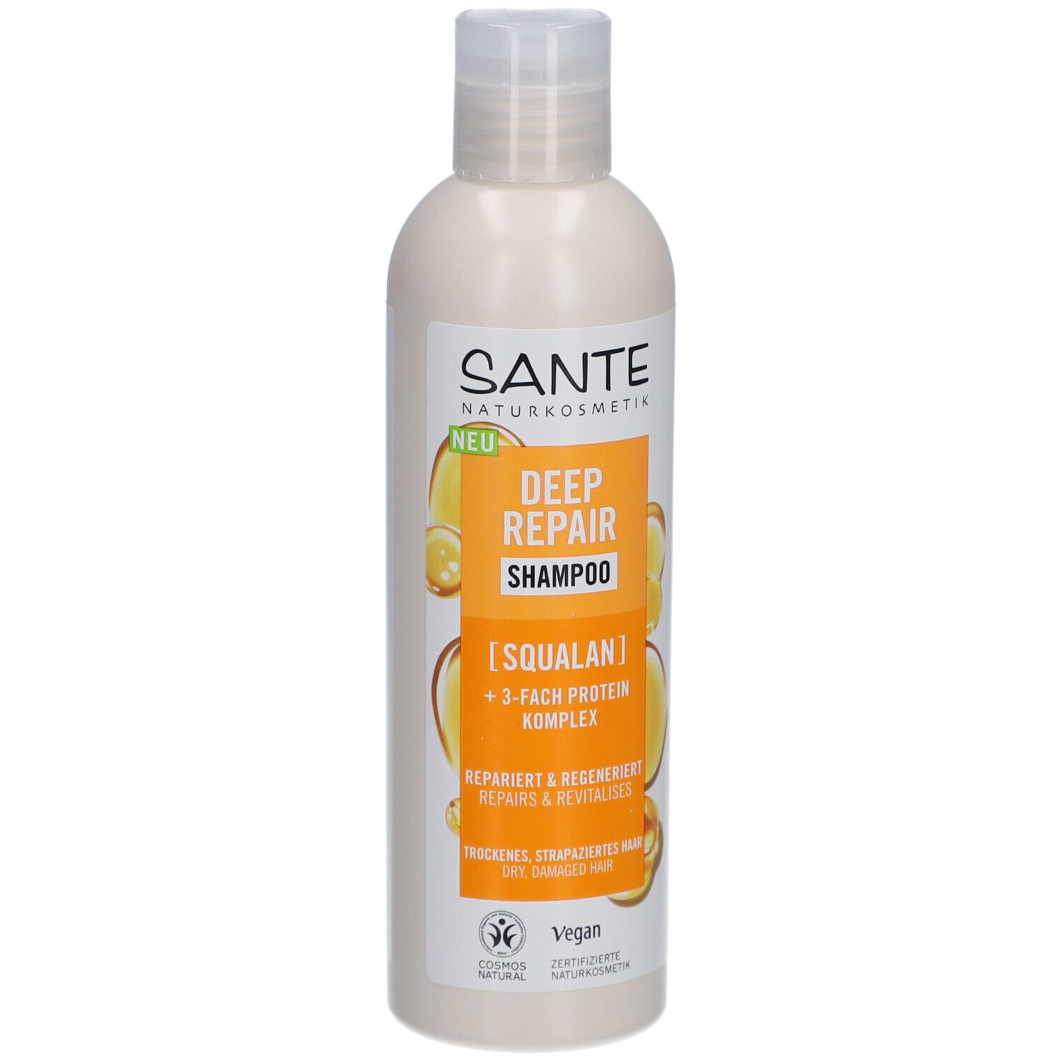 Shampooing SANTE Deep Repair. Bouteille blanche avec étiquette jaune-orange. Texte: Deep Repair Shampoo, Squalane, complexe protéique 3x.
