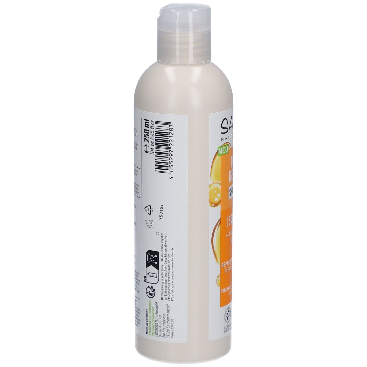 Dos de la bouteille de shampooing SANTE. Bouteille blanche avec étiquettes. Texte: 250 ml, code-barres, symboles de recyclage, ingrédients.