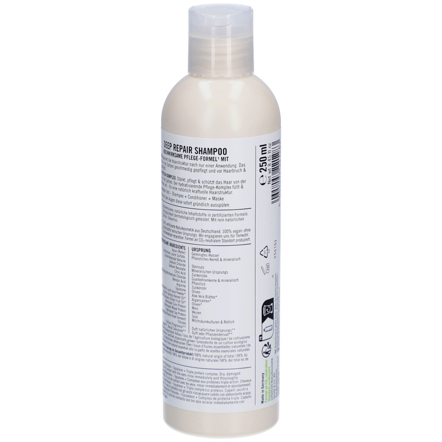 Dos de la bouteille de shampooing SANTE Deep Repair. Bouteille blanche avec texte. Texte: Deep Repair Shampoo, 250 ml, ingrédients, certifications.