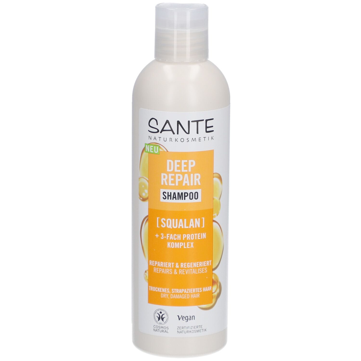 Shampooing SANTE Deep Repair. Bouteille blanche avec étiquette jaune-orange. Texte: Deep Repair Shampoo, Squalane, complexe protéique 3x.