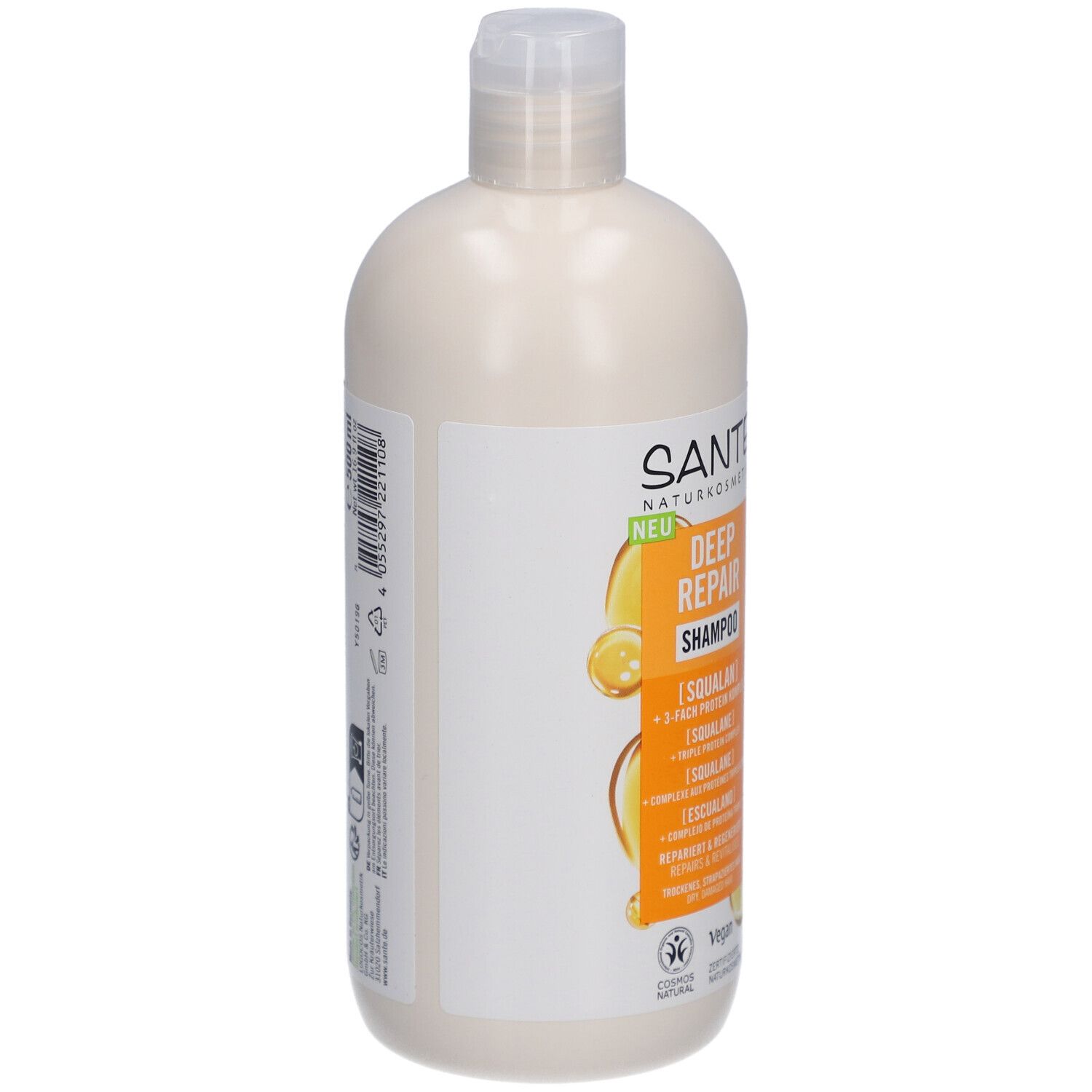 Flacon de shampooing beige avec bouchon blanc. Inscription: SANTE DEEP REPAIR Shampoo. Label Vegan.