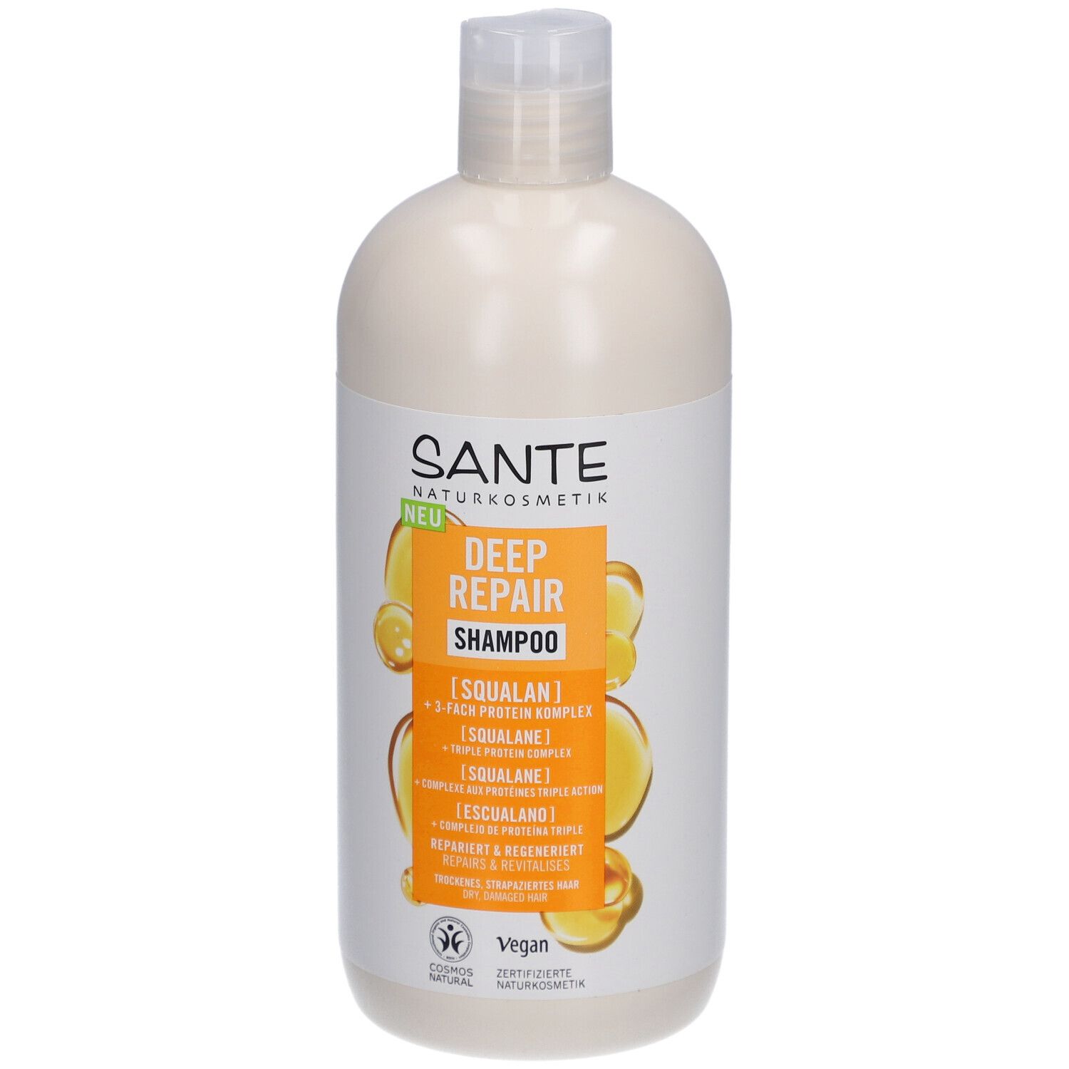 Flacon de shampooing beige avec bouchon blanc. Inscription: SANTE DEEP REPAIR Shampoo. Label Vegan.